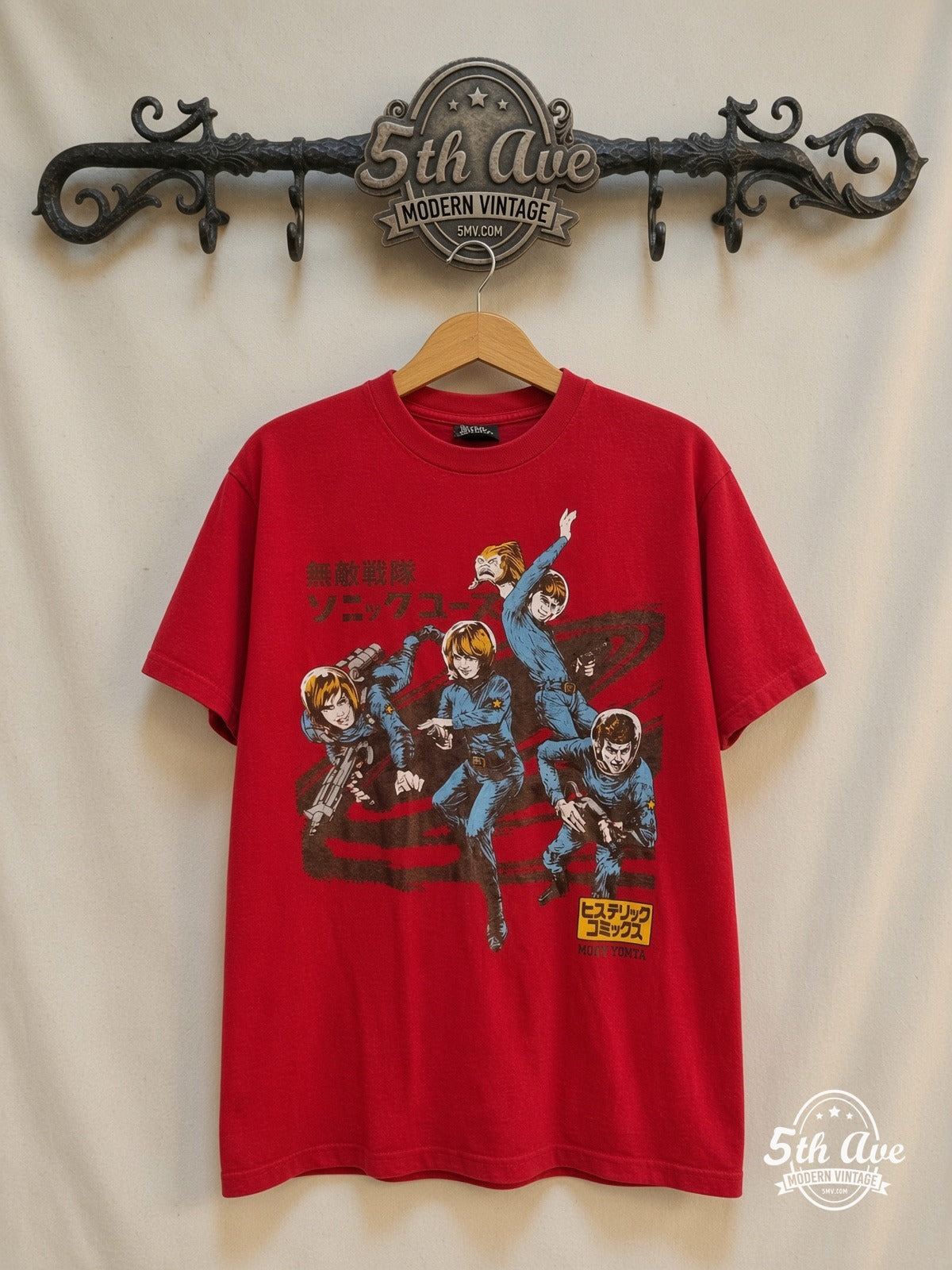Sonic Youth – Anime Manga – Vintage Band T-Shirt — front on locked cream ornate 5th Ave rack