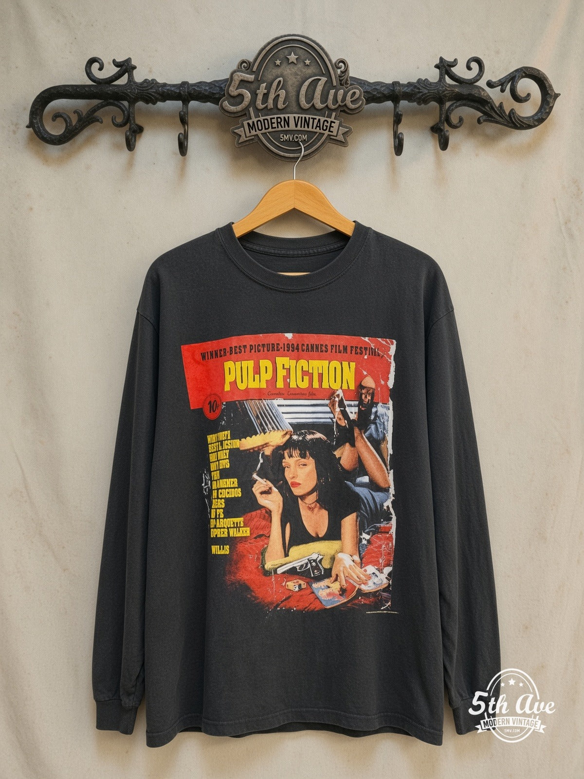 Pulp Fiction - Long Sleeve Vintage Reprint Movie T-Shirt — front on locked cream ornate 5th Ave rack