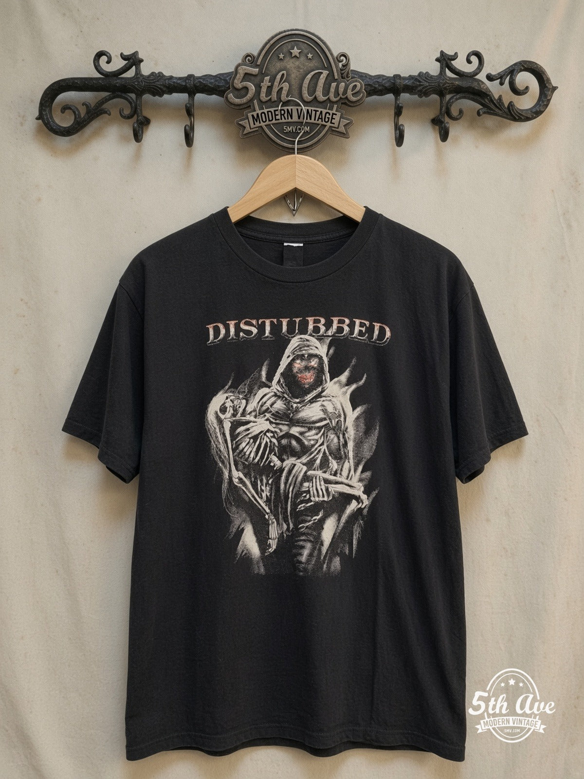 Disturbed – The Guy Skeleton Duo – Vintage Band T-Shirt — front on locked cream ornate 5th Ave rack