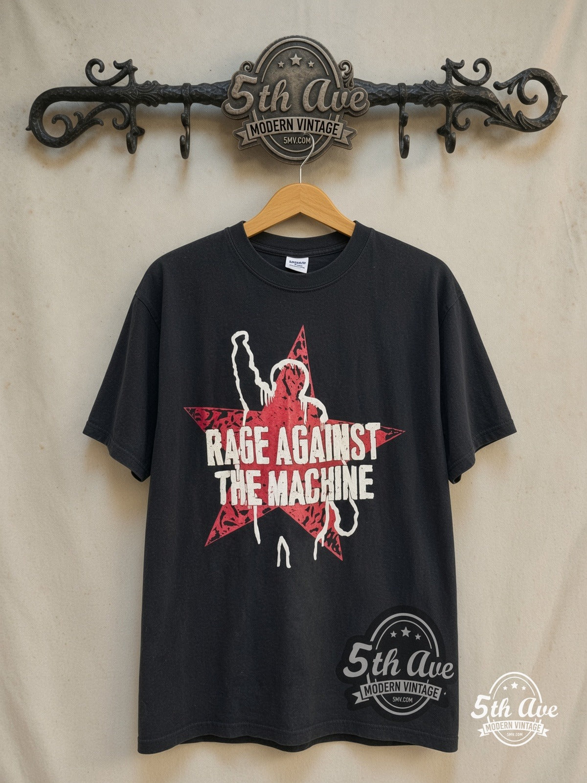 Rage Against the Machine – Vintage Band T-Shirt — front on locked cream ornate 5th Ave rack