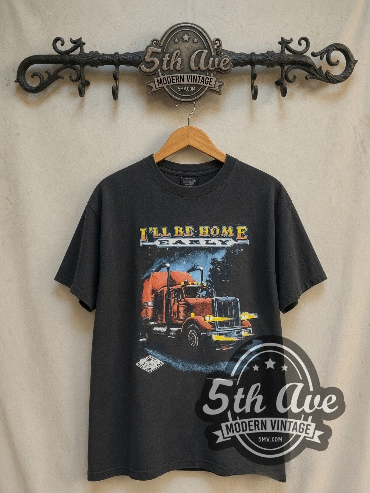 Speedway Fuel Center I'll Be Home Early vintage graphic tee in black, front view on a display rack