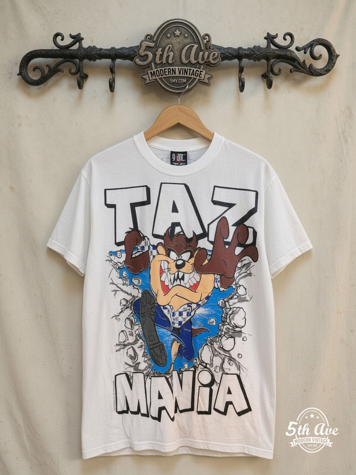 Looney Tunes – Taz-Mania Warning Wild Thing – New Vintage Graphic Tee — front on locked cream ornate 5th Ave rack