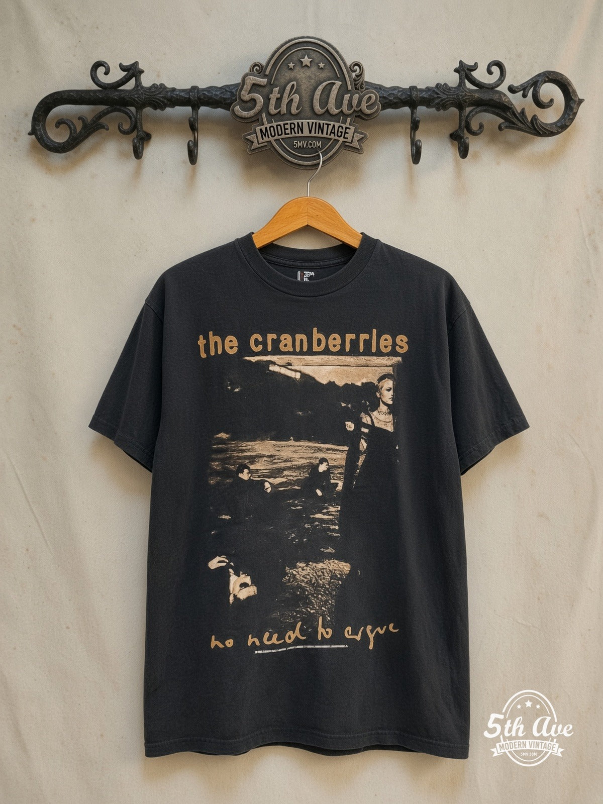 The Cranberries – No Need to Argue World Tour 1995 – Vintage Band T-Shirt — front on locked cream ornate 5th Ave rack