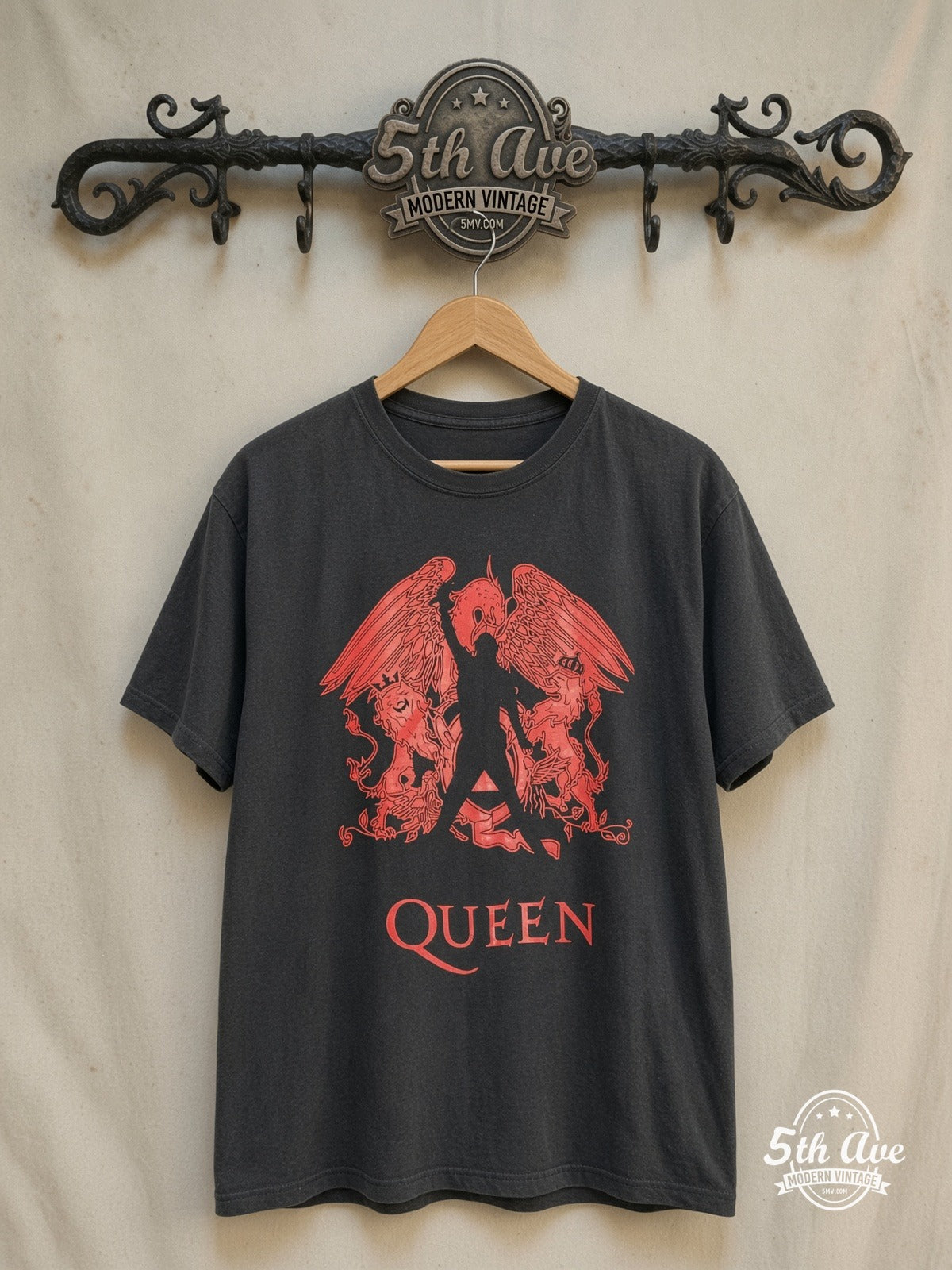 Queen – Red Freddie Silhouette Crest – Vintage Band T-Shirt — front on locked cream ornate 5th Ave rack