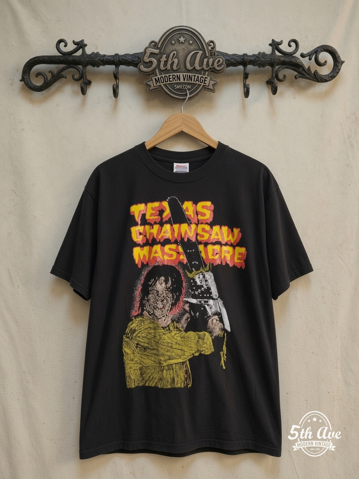 Texas Chainsaw Massacre – Vintage Movie Tee — front on locked cream ornate 5th Ave rack