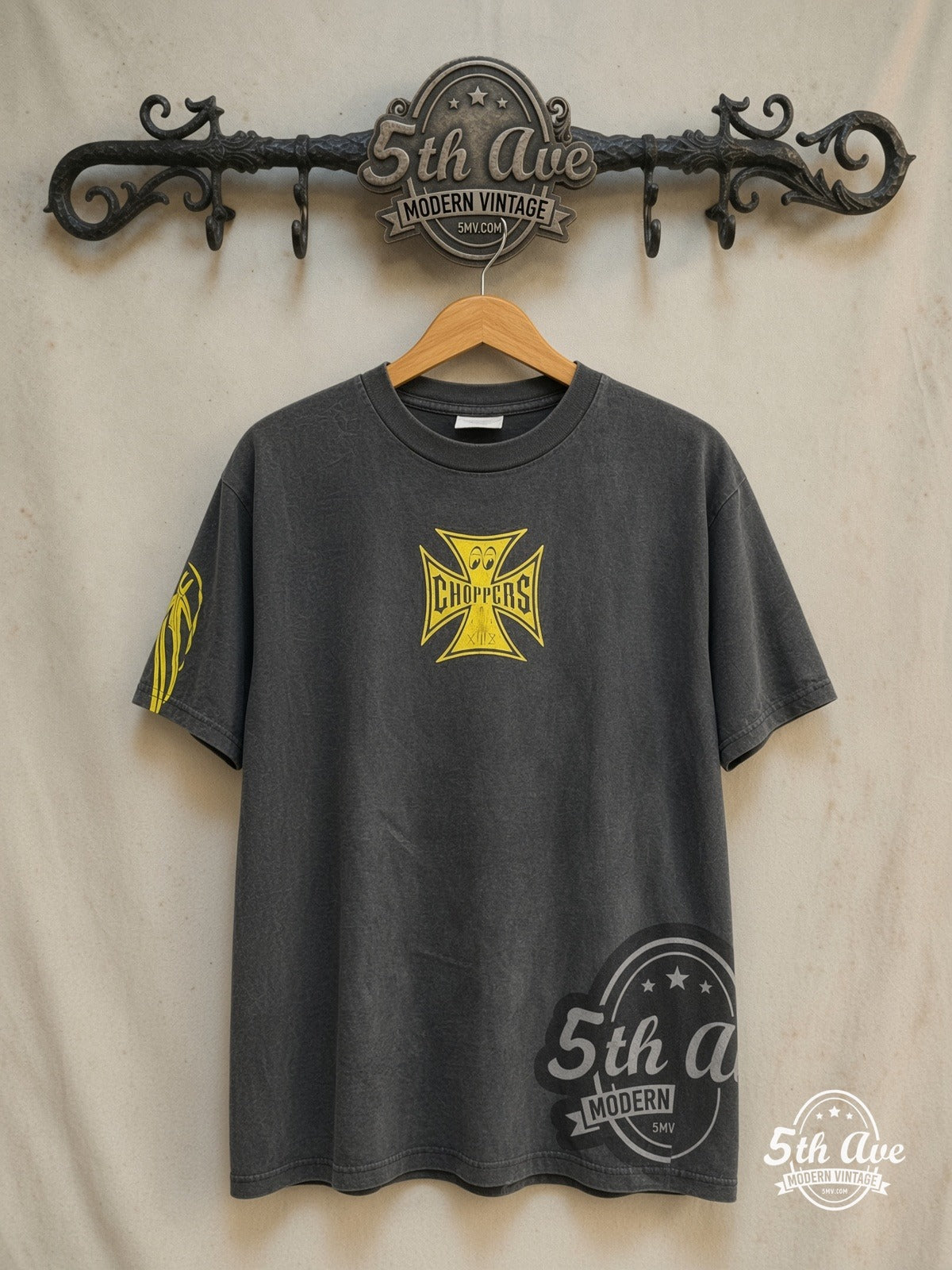 West Coast Choppers – MoonEyes Surfin Craze – Vintage Graphic Tee — front on locked cream ornate 5th Ave rack