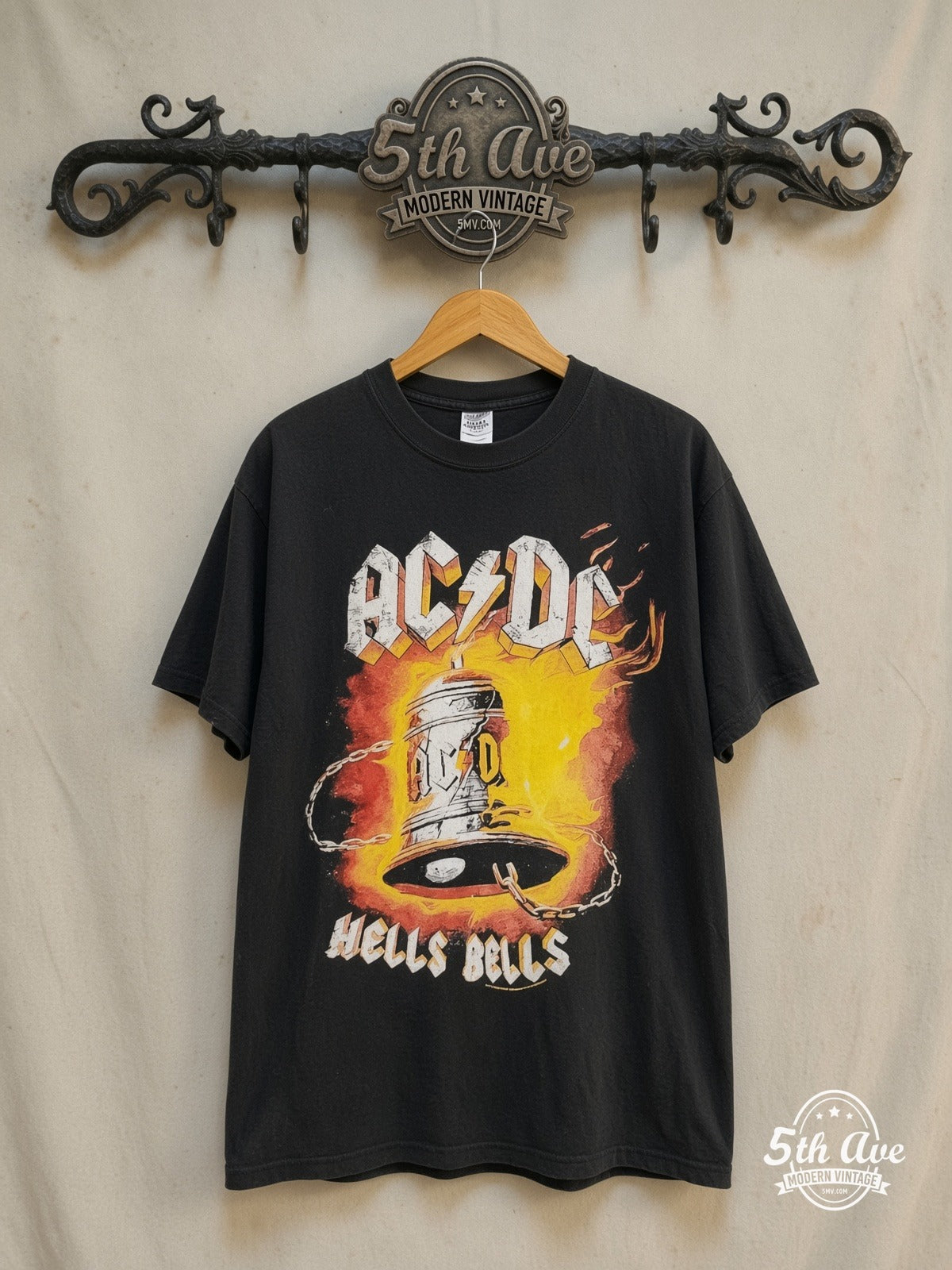 AC/DC – Hells Bells Power Up Tour – Vintage Band T-Shirt — front on locked cream ornate 5th Ave rack