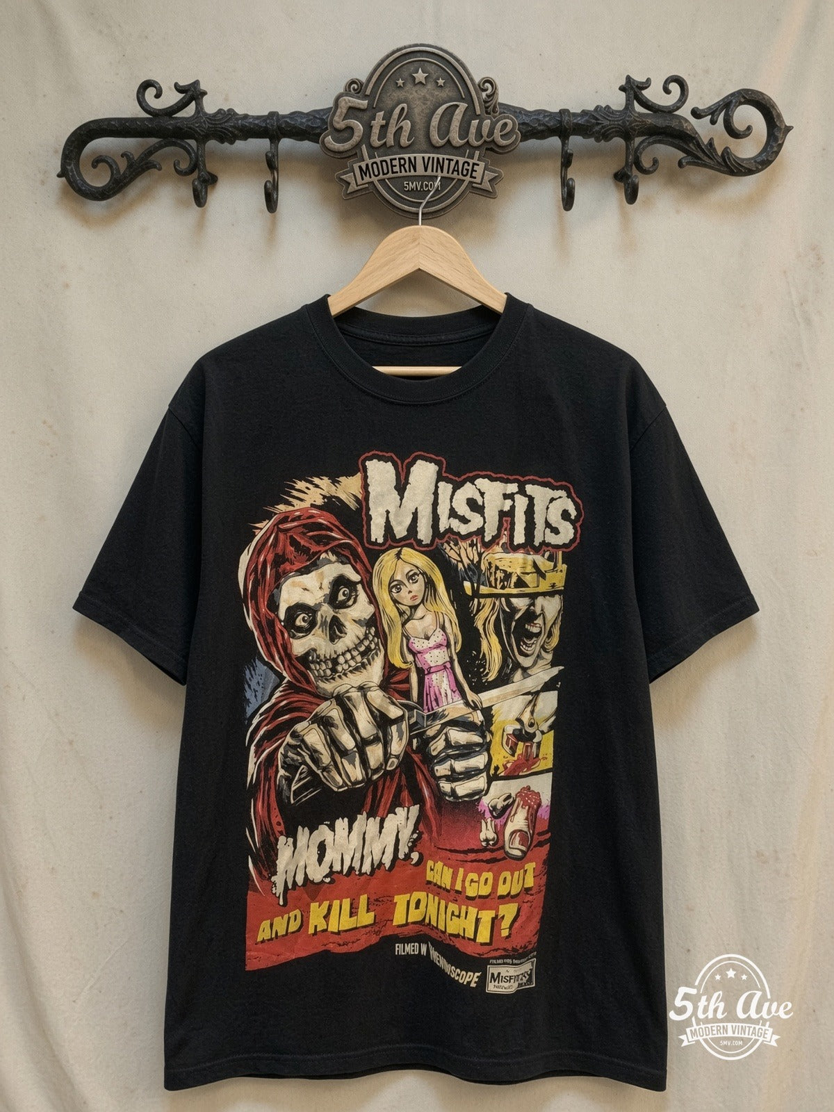 Misfits – Mommy Can I Go Out And Kill Tonight – Vintage Band T-Shirt front on locked cream ornate 5th Ave rack