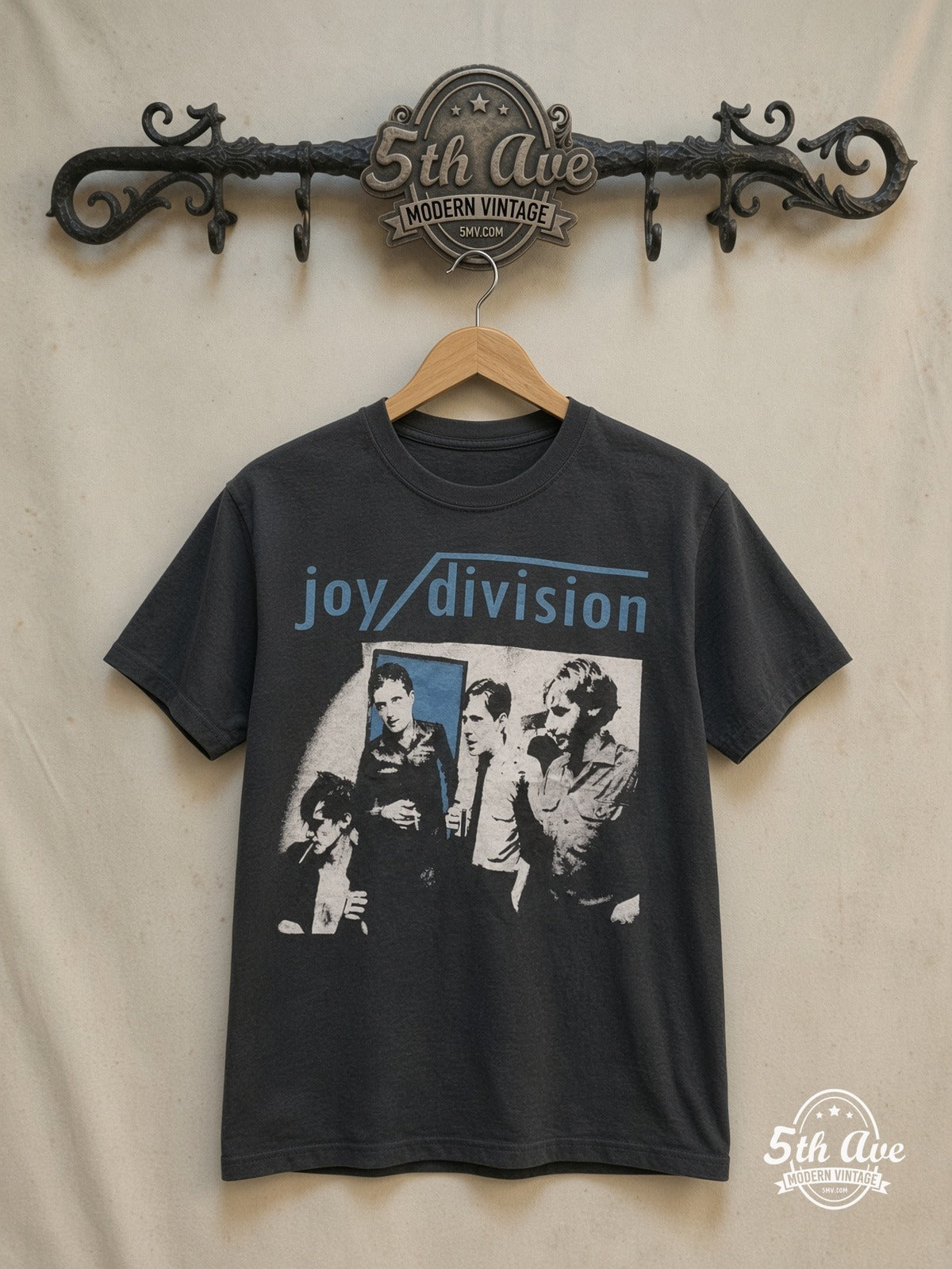 Joy Division – Lead Singer Mic Stand – Vintage Band T-Shirt — front on locked cream ornate 5th Ave rack