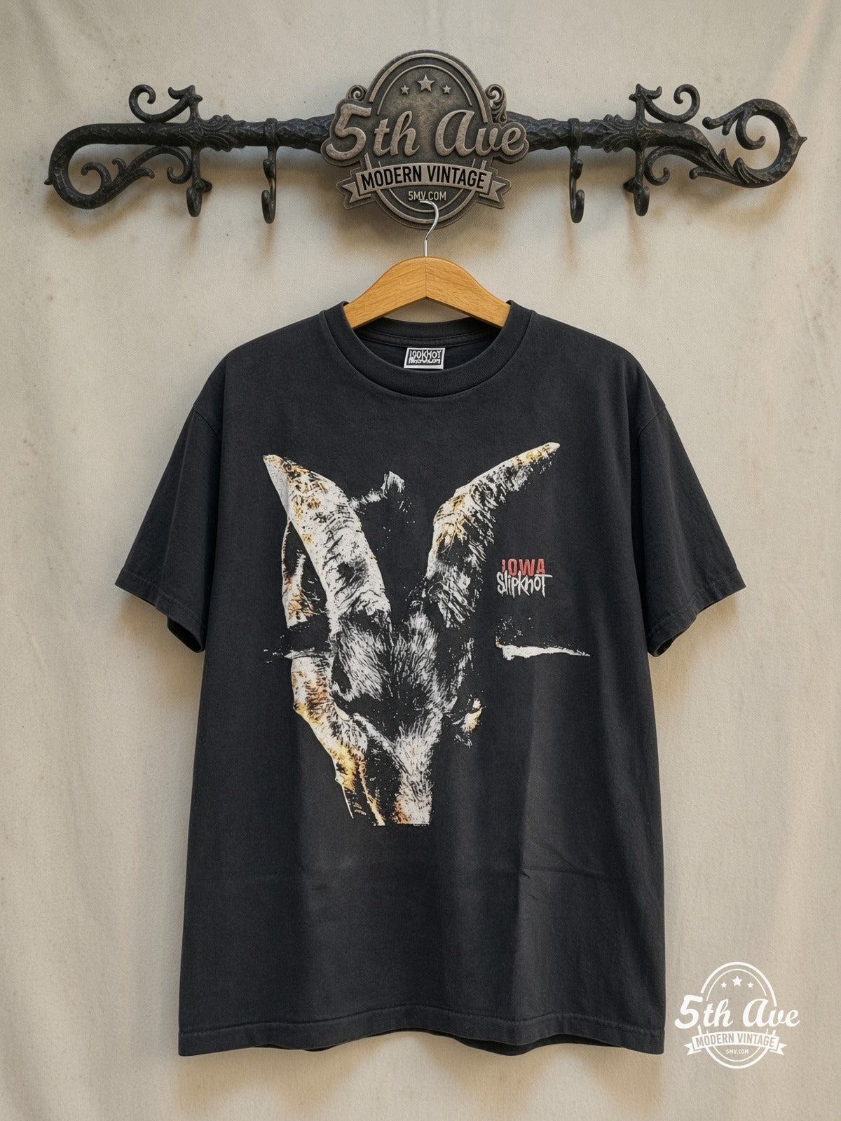 Slipknot – Iowa – Vintage Band T-Shirt — front on locked cream ornate 5th Ave rack