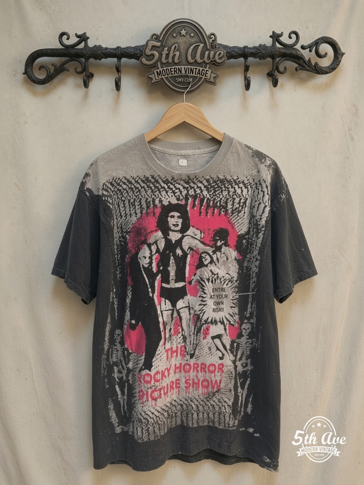 The Rocky Horror Picture Show – Cast Tribute – Vintage Movie Tee — front on locked cream ornate 5th Ave rack