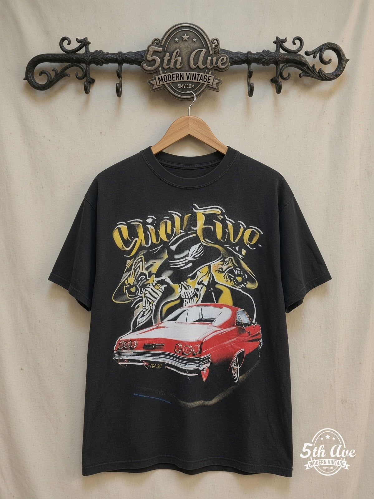 Rollin Hard – Slick Five Lowrider – Vintage Graphic Tee — front on locked cream ornate 5th Ave rack