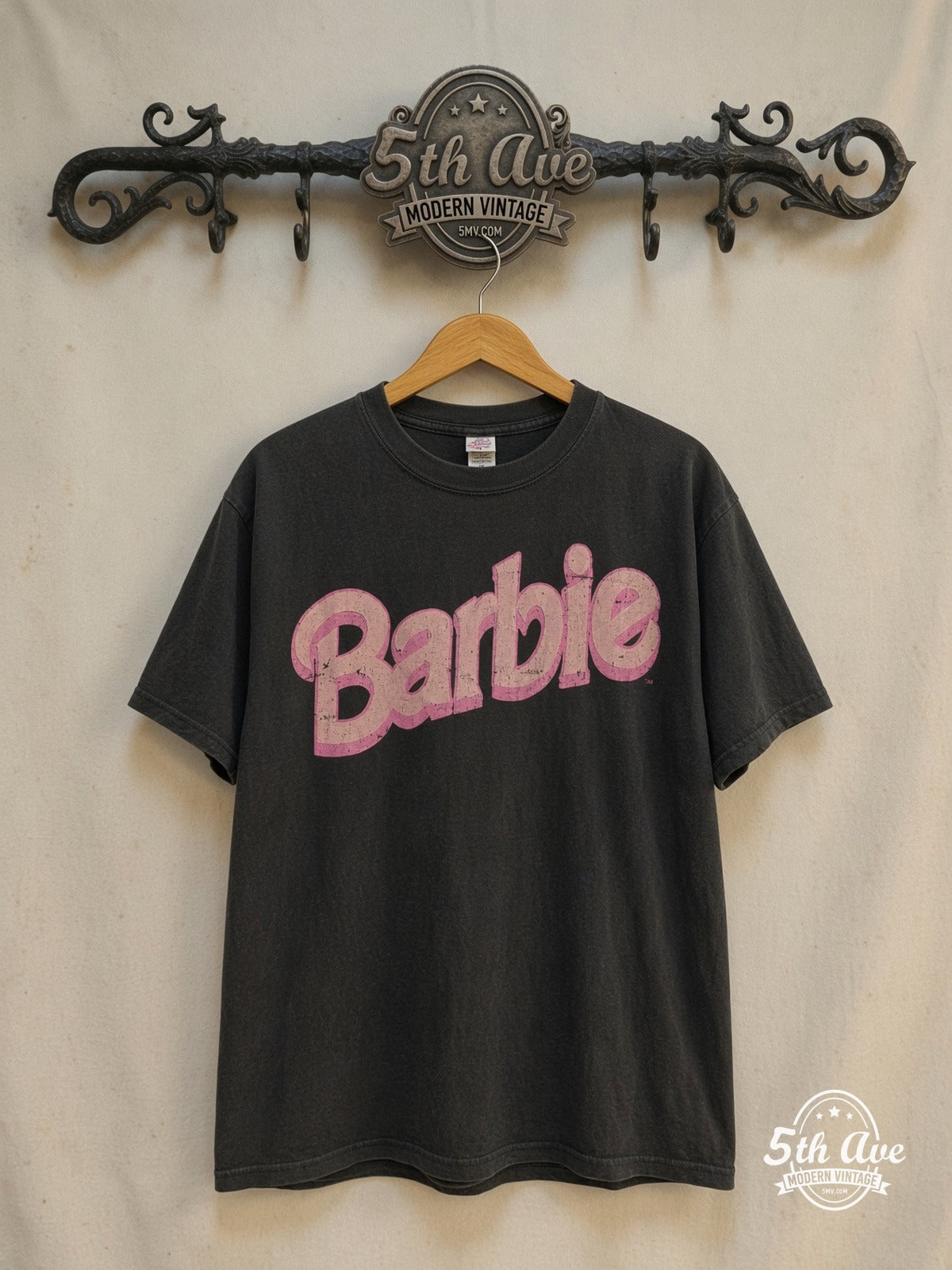 Barbie – Pink Heart – Vintage Graphic Tee — front on locked cream ornate 5th Ave rack