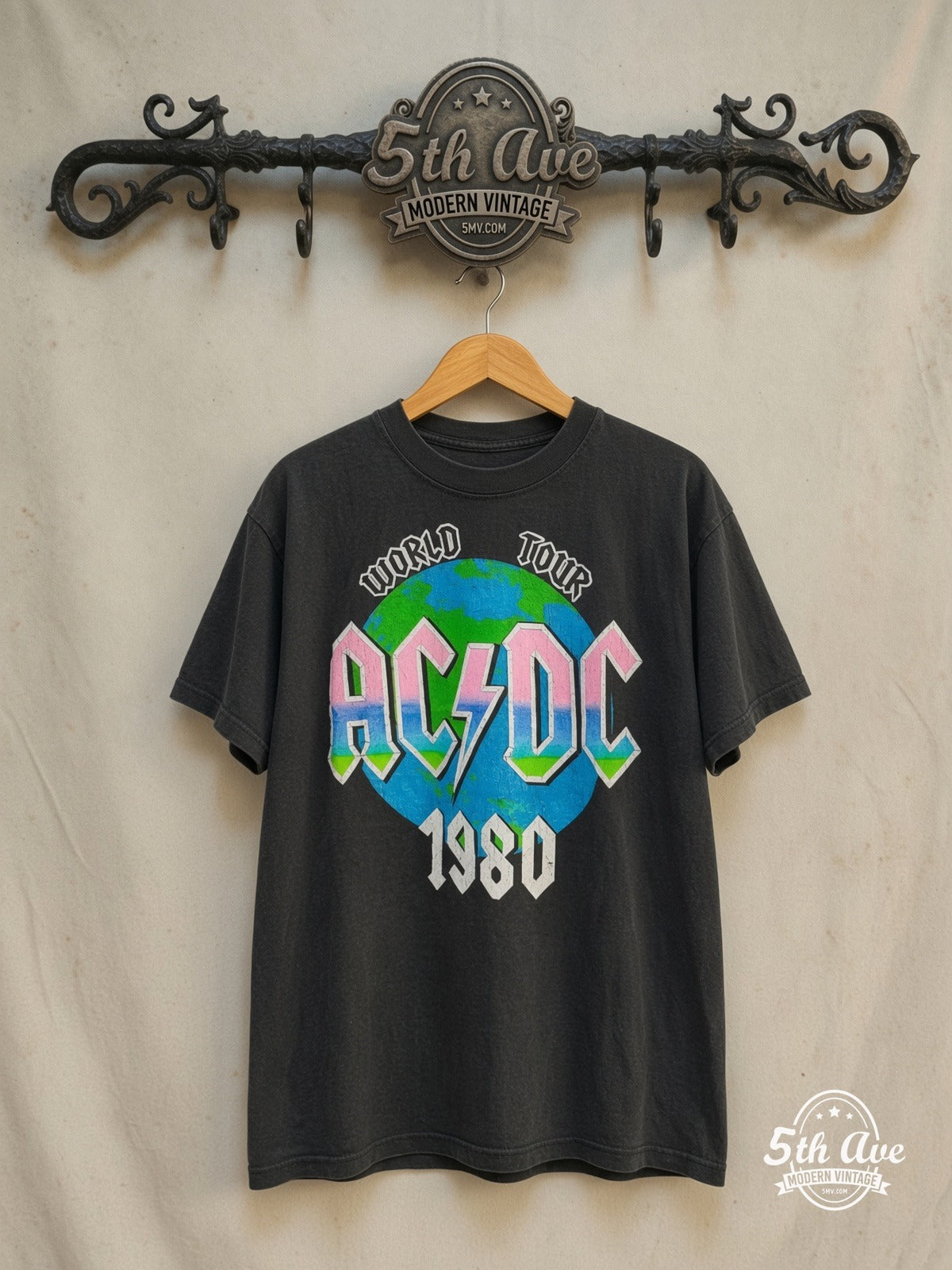 AC/DC – Back in Black World Tour 1980 – Vintage Band T-Shirt — front on locked cream ornate 5th Ave rack