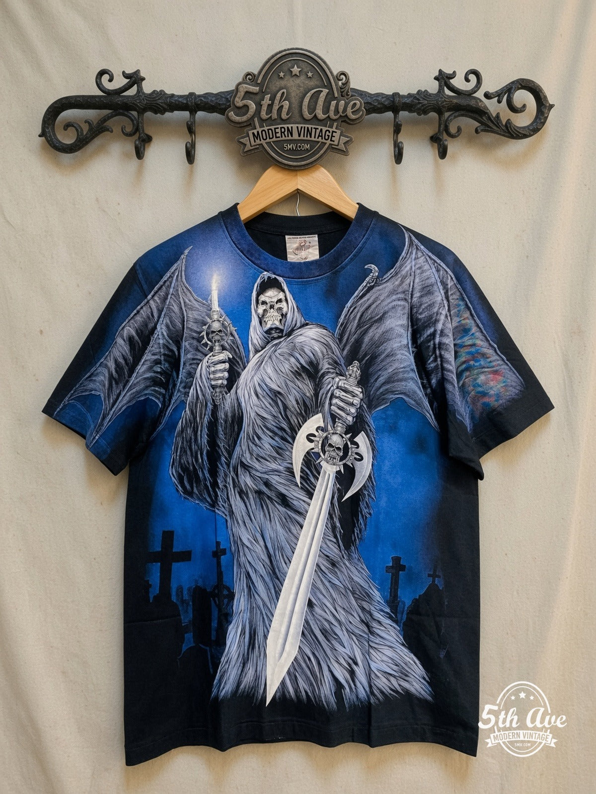 Rock Eagle – All-Over Print Graphic – Vintage Graphic Tee — front on locked cream ornate 5th Ave rack