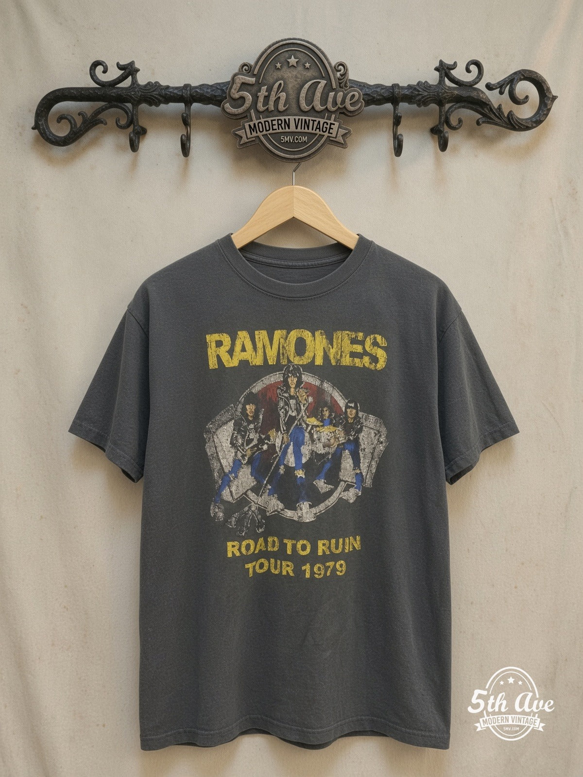 Radiohead – RAMONES – Vintage Band T-Shirt — front on locked cream ornate 5th Ave rack