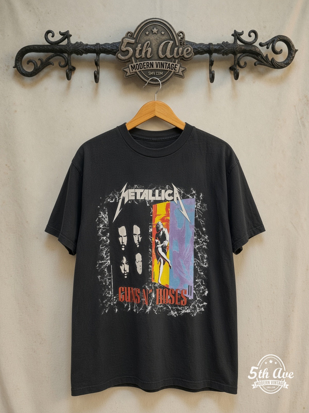 Metallica and Guns N' Roses – Stadium Tour 1992 – Vintage Band T-Shirt — front on locked cream ornate 5th Ave rack