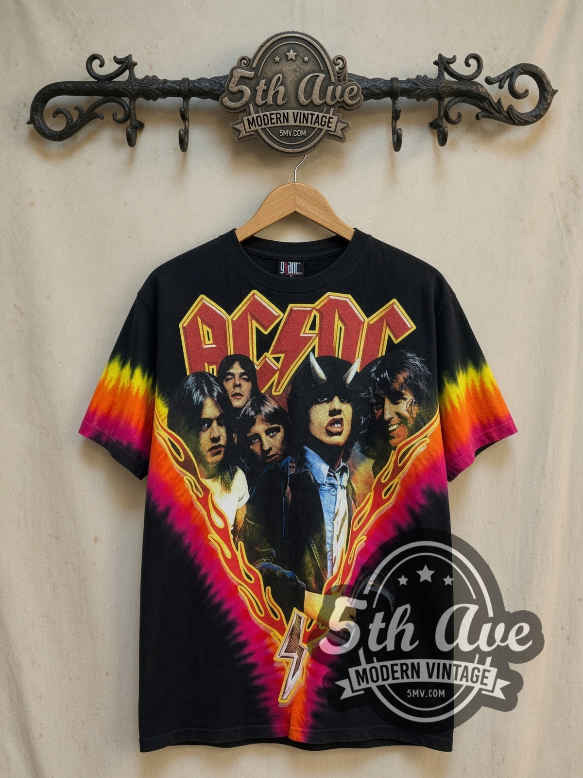 AC/DC Highway to Hell Flame V Pink Yellow Tie-Dye Tee