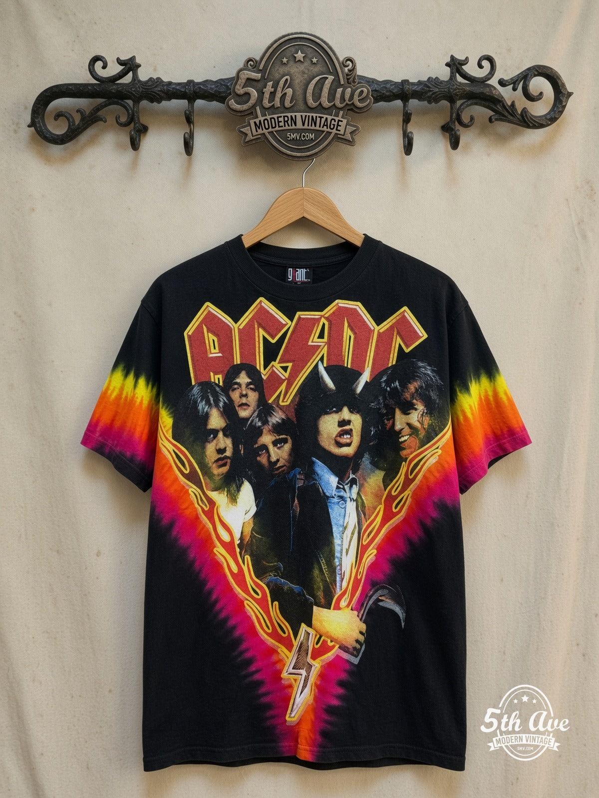 AC/DC – Highway to Hell Flame V Pink Yellow Tie-Dye – Vintage Band T-Shirt — front on locked cream ornate 5th Ave rack