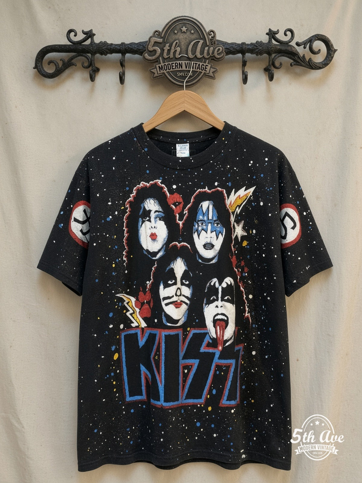KISS – KIϟϟ – All Over Print – Vintage Band T-Shirt — front on locked cream ornate 5th Ave rack