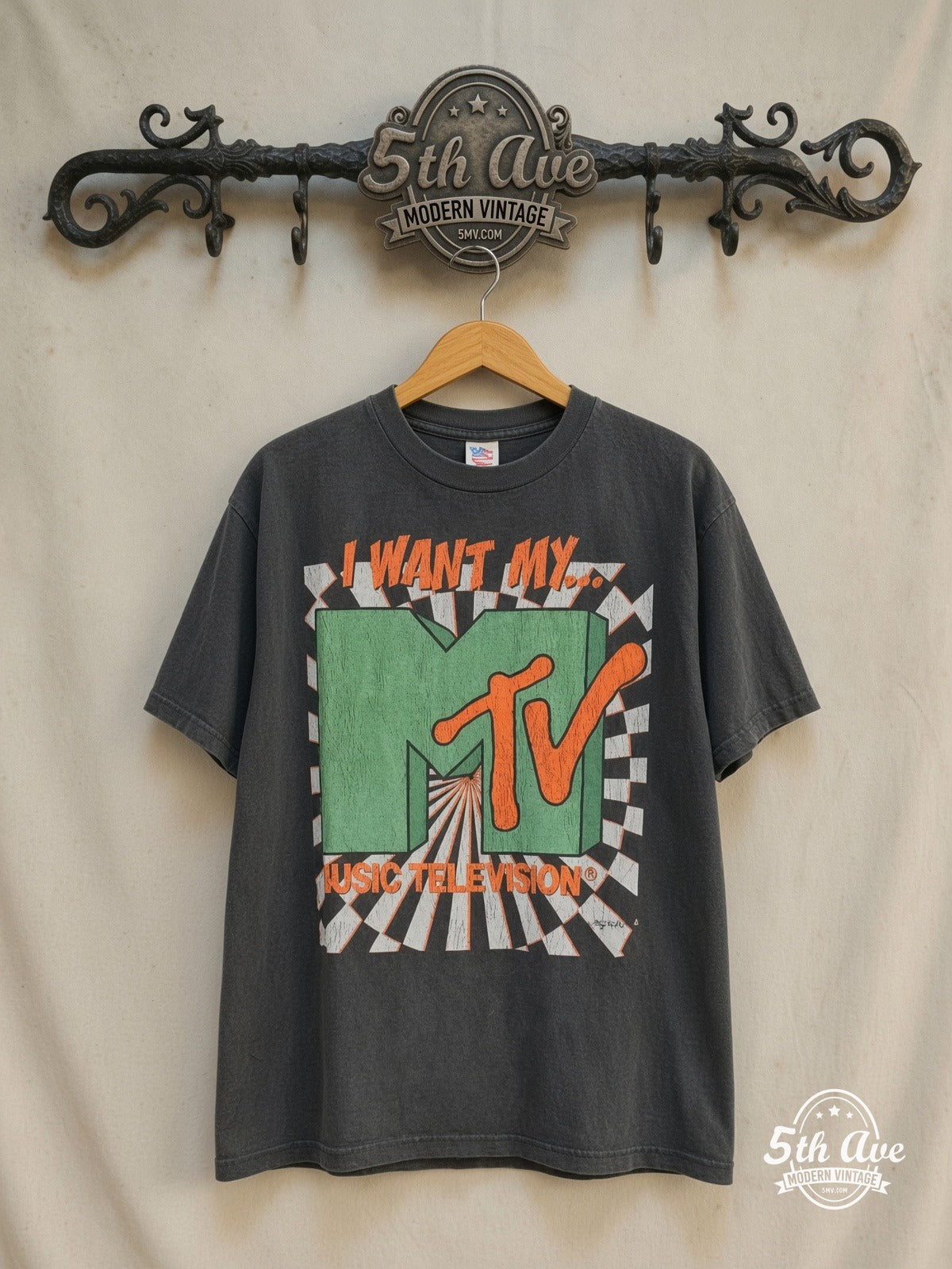 MTV – I Want My MTV – Vintage Graphic Tee — front on locked cream ornate 5th Ave rack