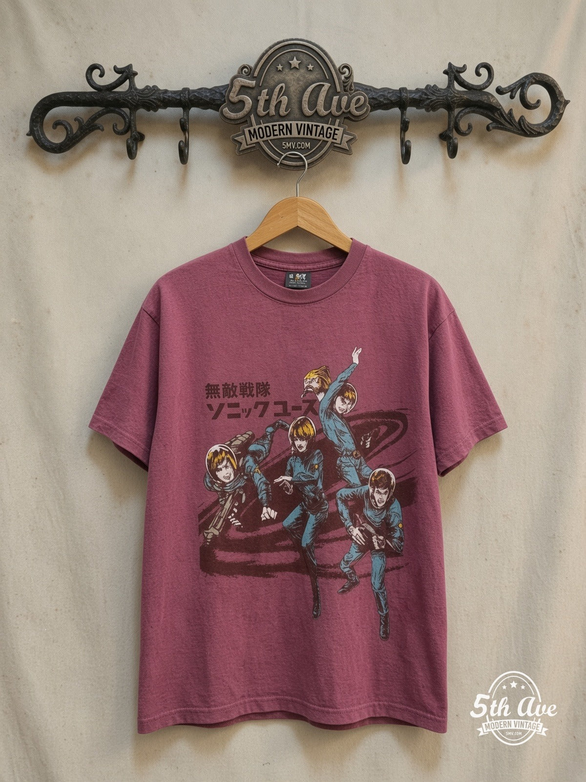 Sonic Youth – Japanese Anime Manga Maroon – Vintage Band T-Shirt — front on locked cream ornate 5th Ave rack