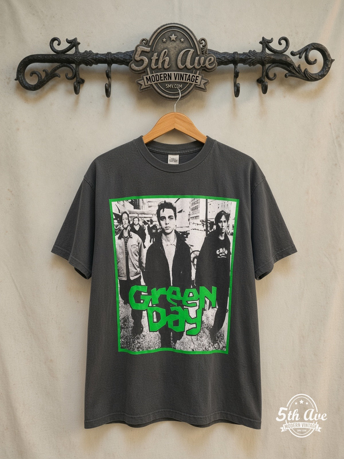 Green Day – Band Street Photo Dookie Cartoon – Long Sleeve Vintage Band T-Shirt — front on locked cream ornate 5th Ave rack