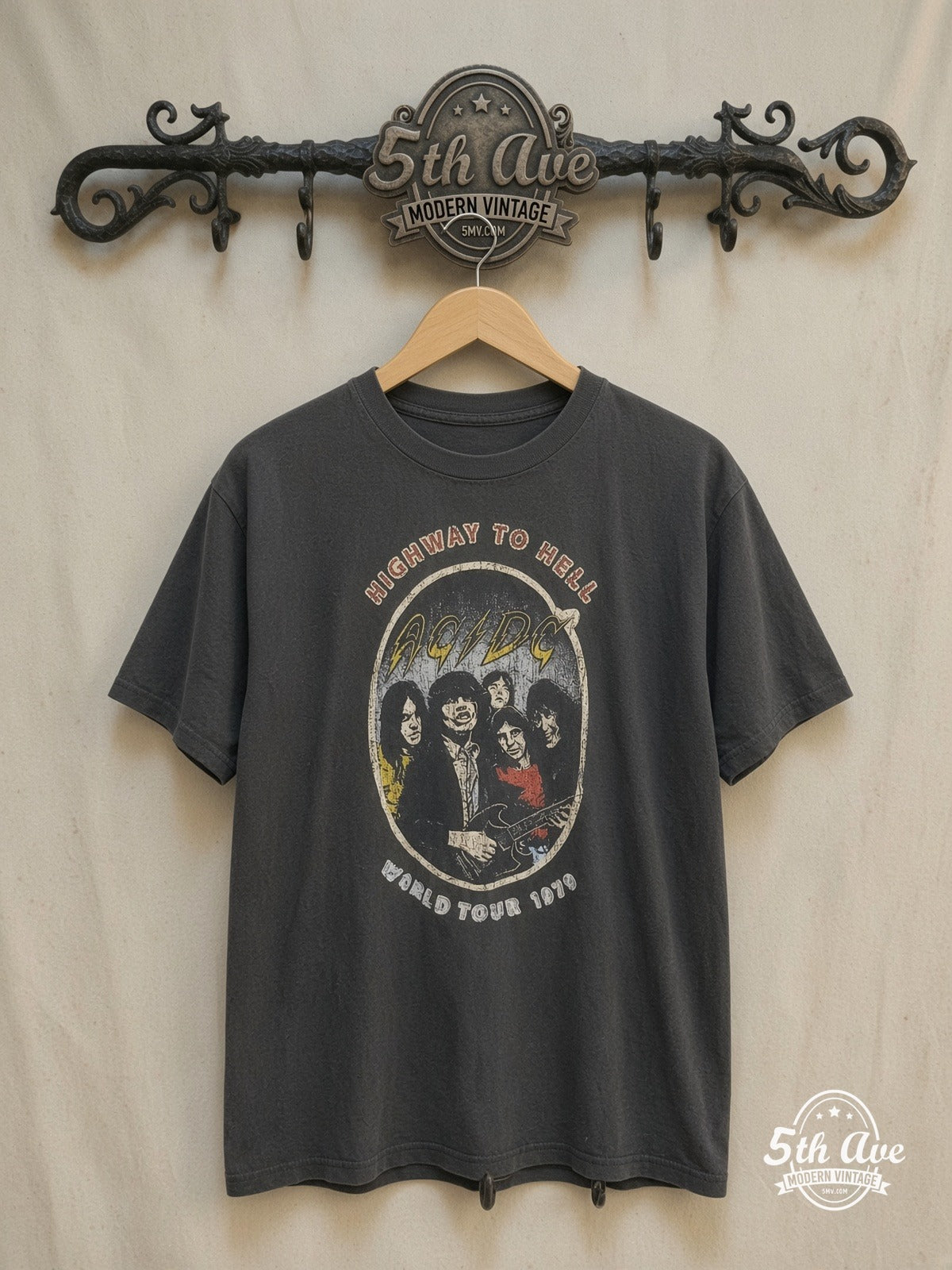 AC/DC – Highway to Hell 1979 World Tour Oval – Vintage Band T-Shirt — front on locked cream ornate 5th Ave rack