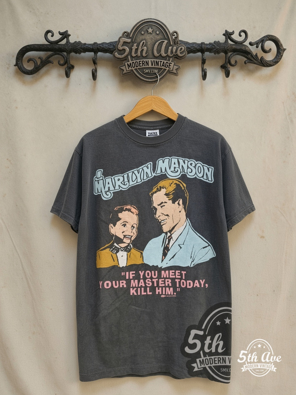 Marilyn Manson – Meet Your Master – Vintage Band T-Shirt — front on locked cream ornate 5th Ave rack