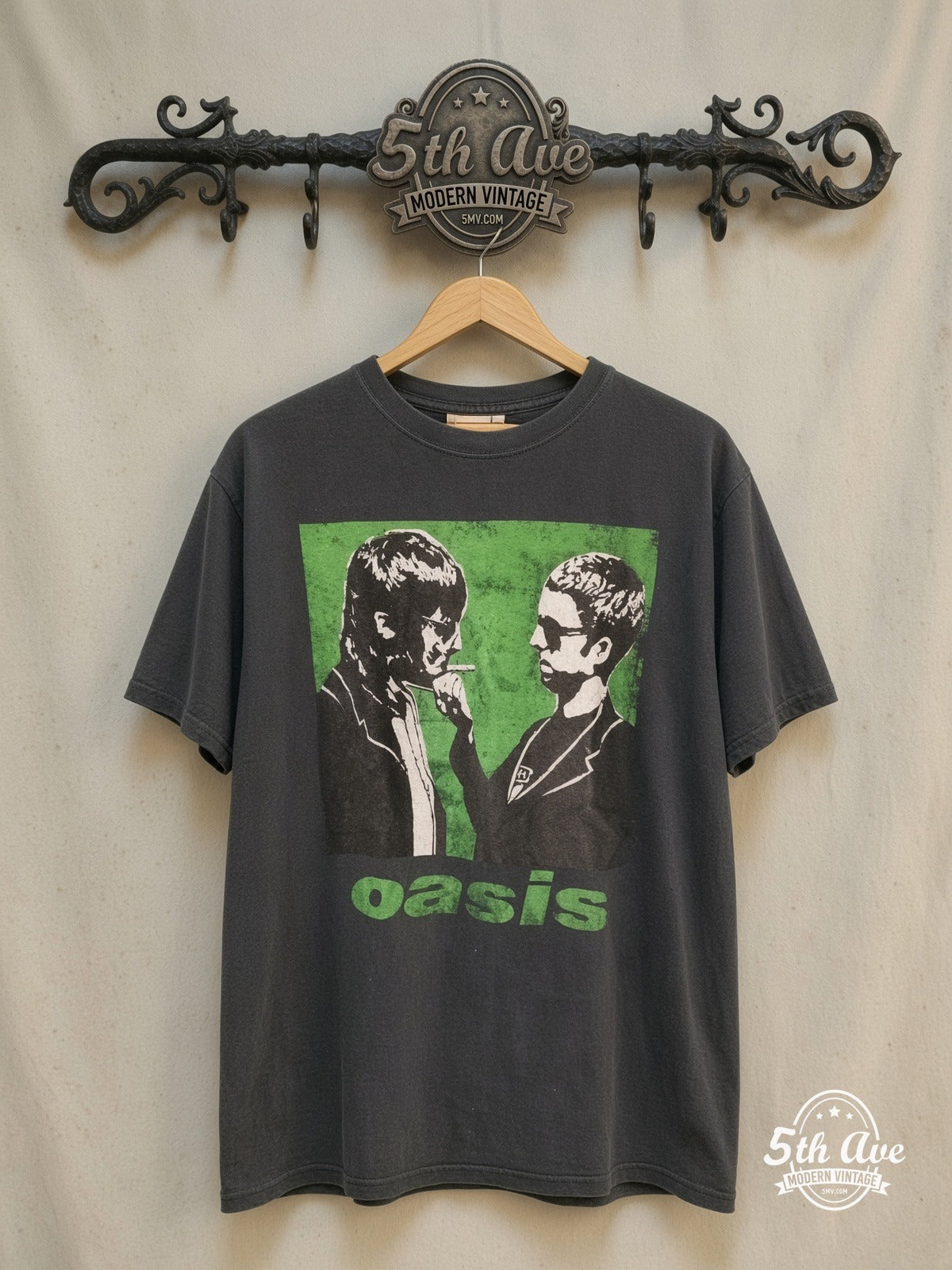 Oasis – Gallagher Brothers – Vintage Band T-Shirt — front on locked cream ornate 5th Ave rack
