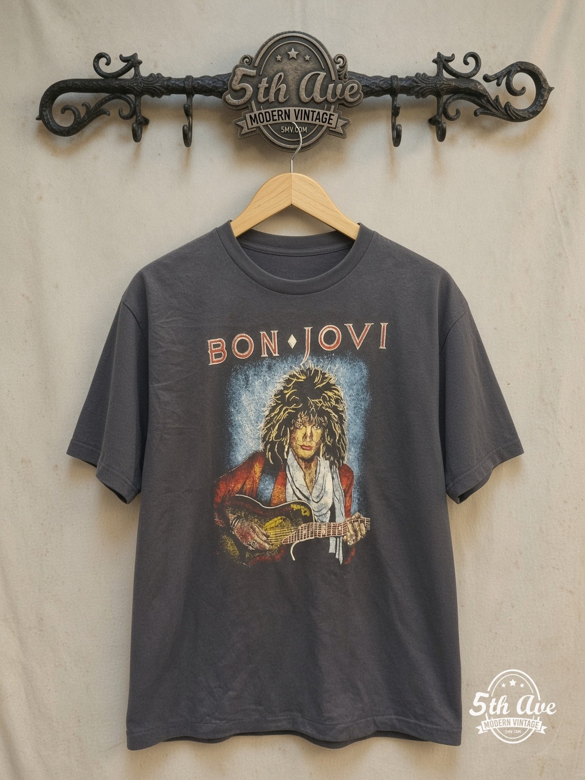Bon Jovi 100% Cotton New Vintage Band T-Shirt – Vintage Band T-Shirt — front on locked cream ornate 5th Ave rack