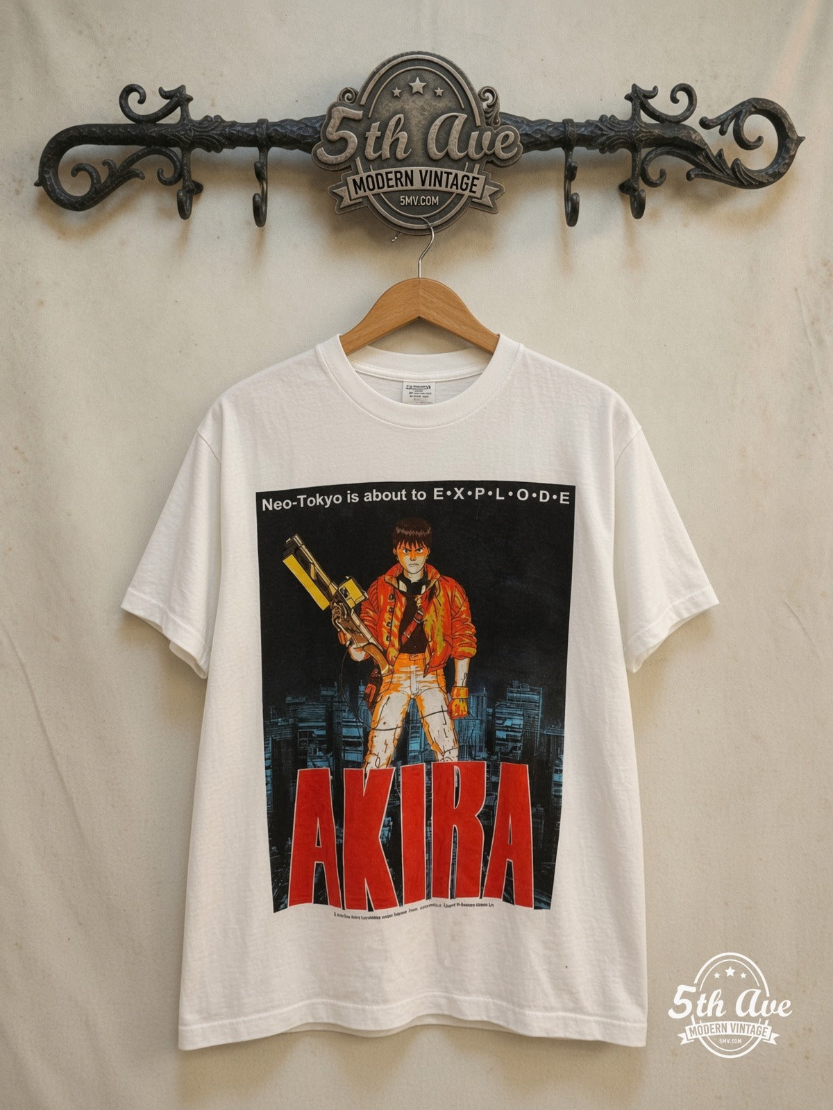 Akira Neo-Tokyo Is About to E.X.P.L.O.D.E. - New Vintage Anime T-Shirt front on locked cream ornate 5th Ave rack