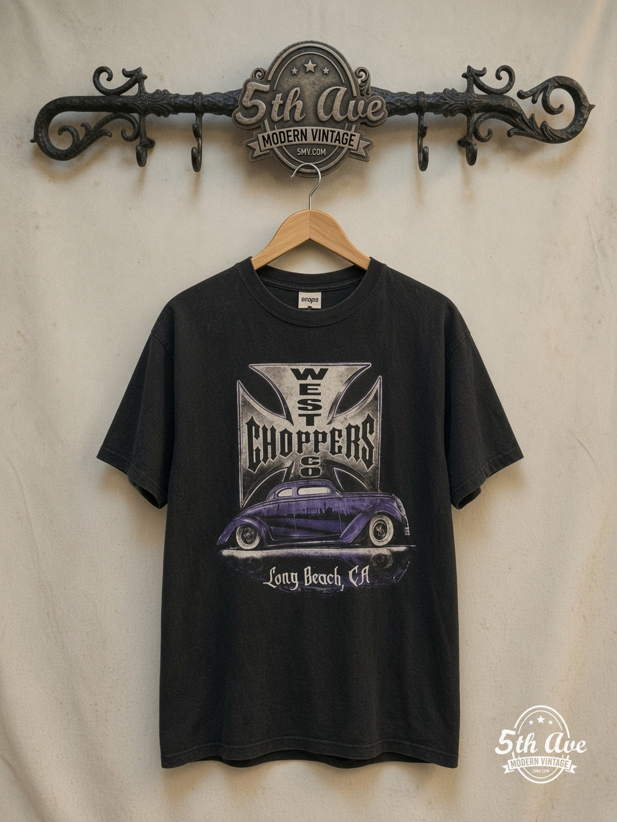 West Coast Choppers – Purple Hot Rod Long Beach Back – Vintage Graphic Tee — front on locked cream ornate 5th Ave rack