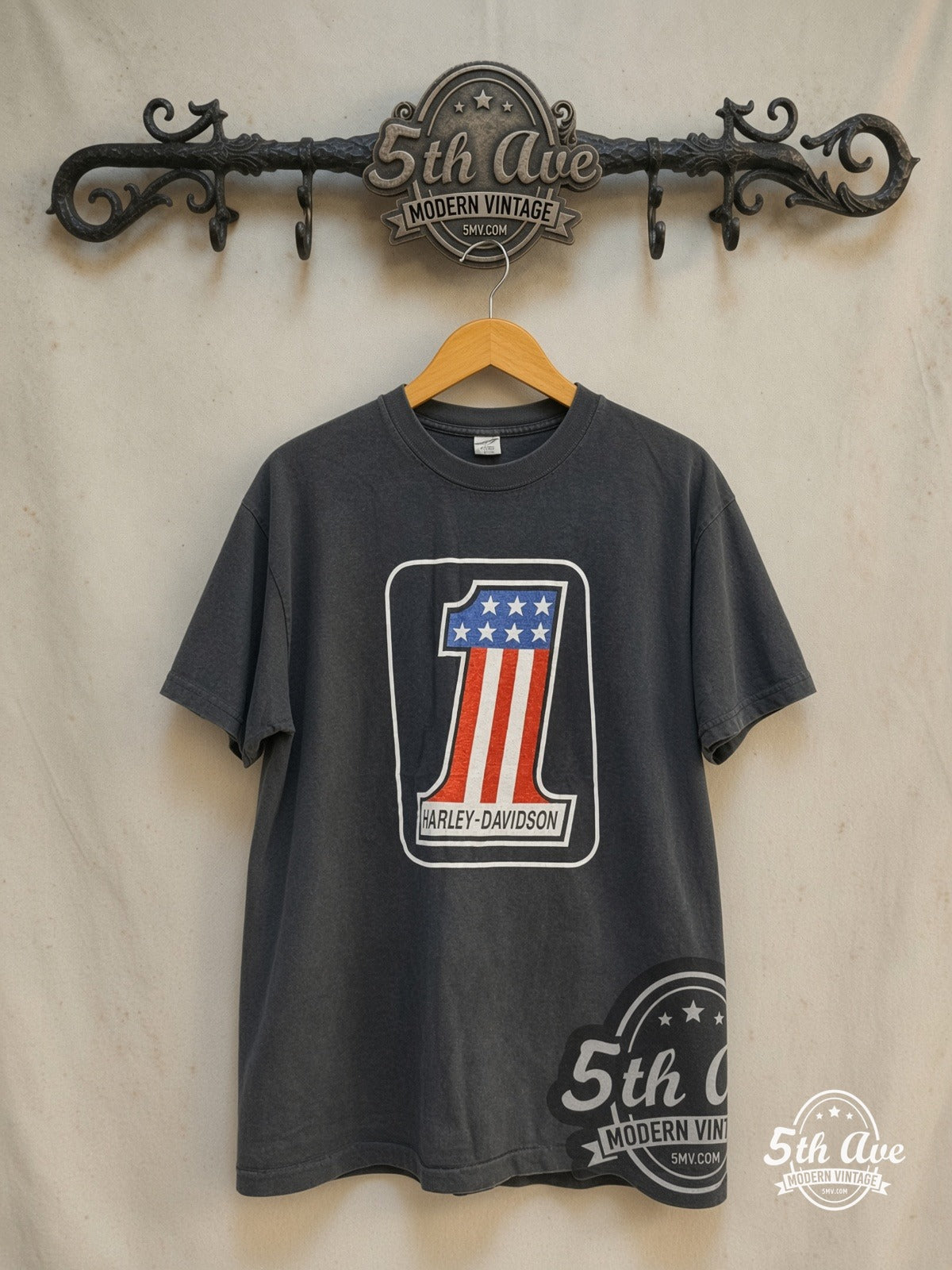 Harley-Davidson – Eldridge Terre Haute – Vintage Graphic Tee front on locked cream ornate 5th Ave rack