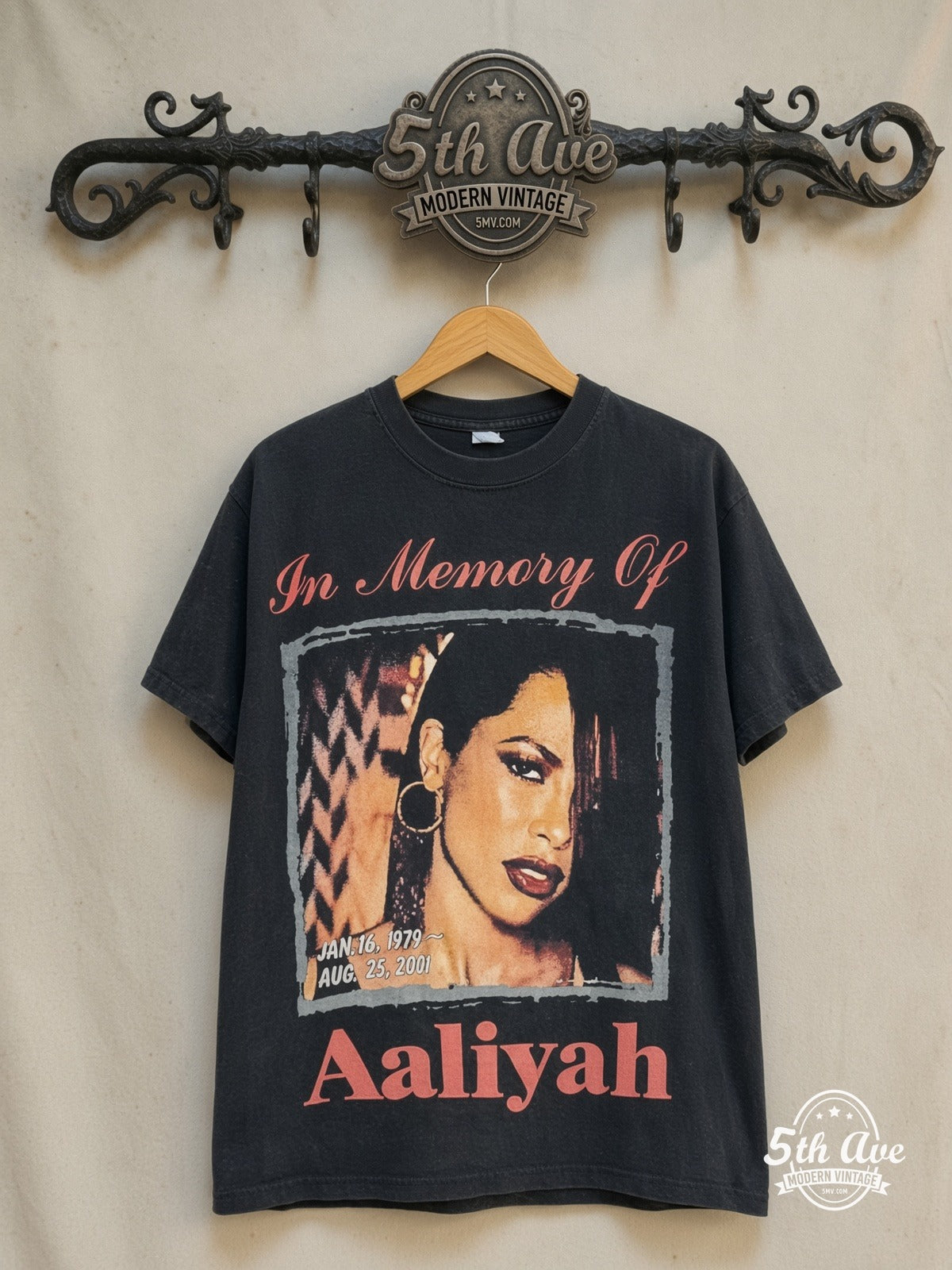 Aaliyah – Try Again – Vintage Band T-Shirt — front on locked cream ornate 5th Ave rack