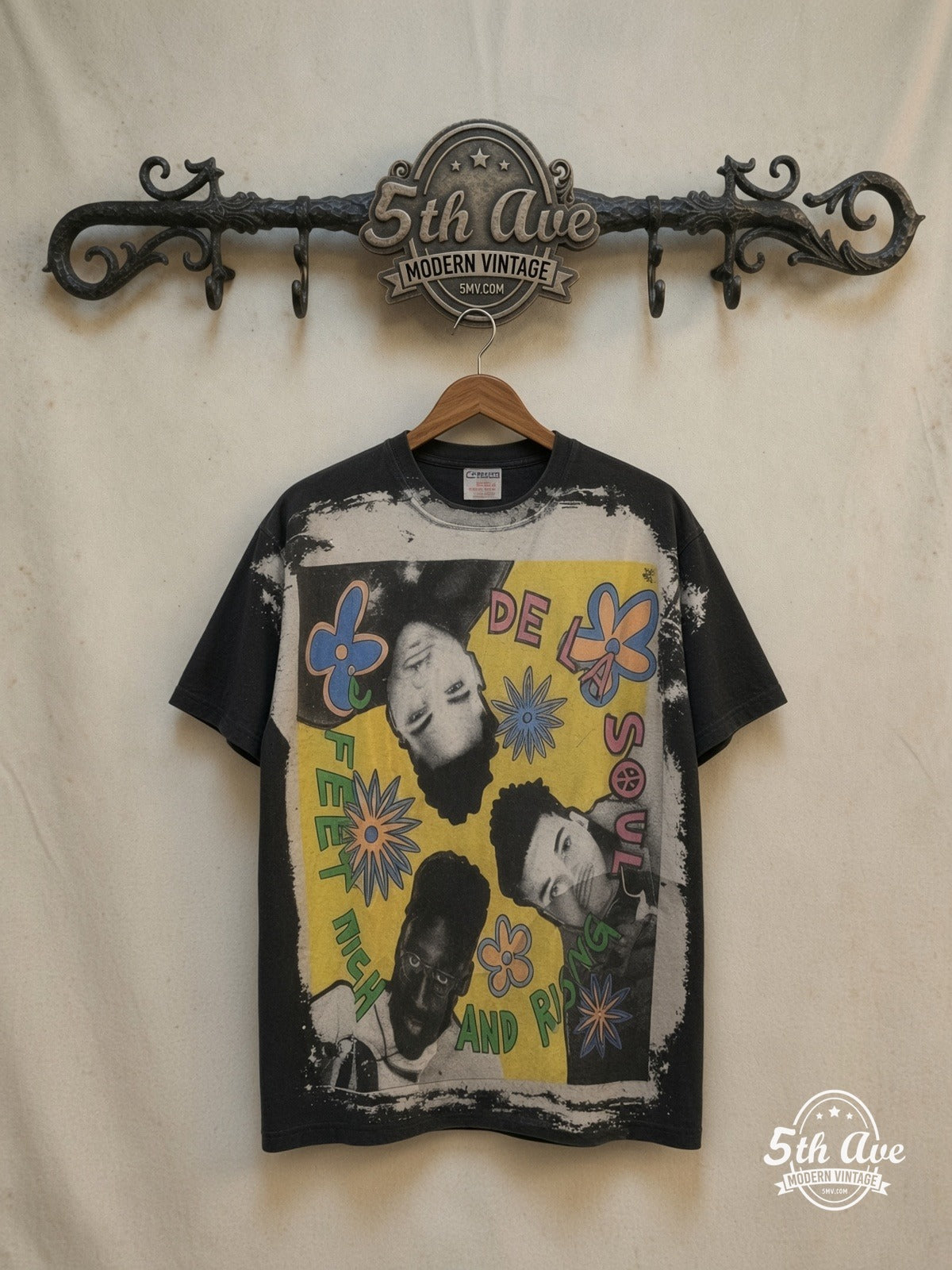 De La Soul all overprint T-Shirt — front on locked cream ornate 5th Ave rack