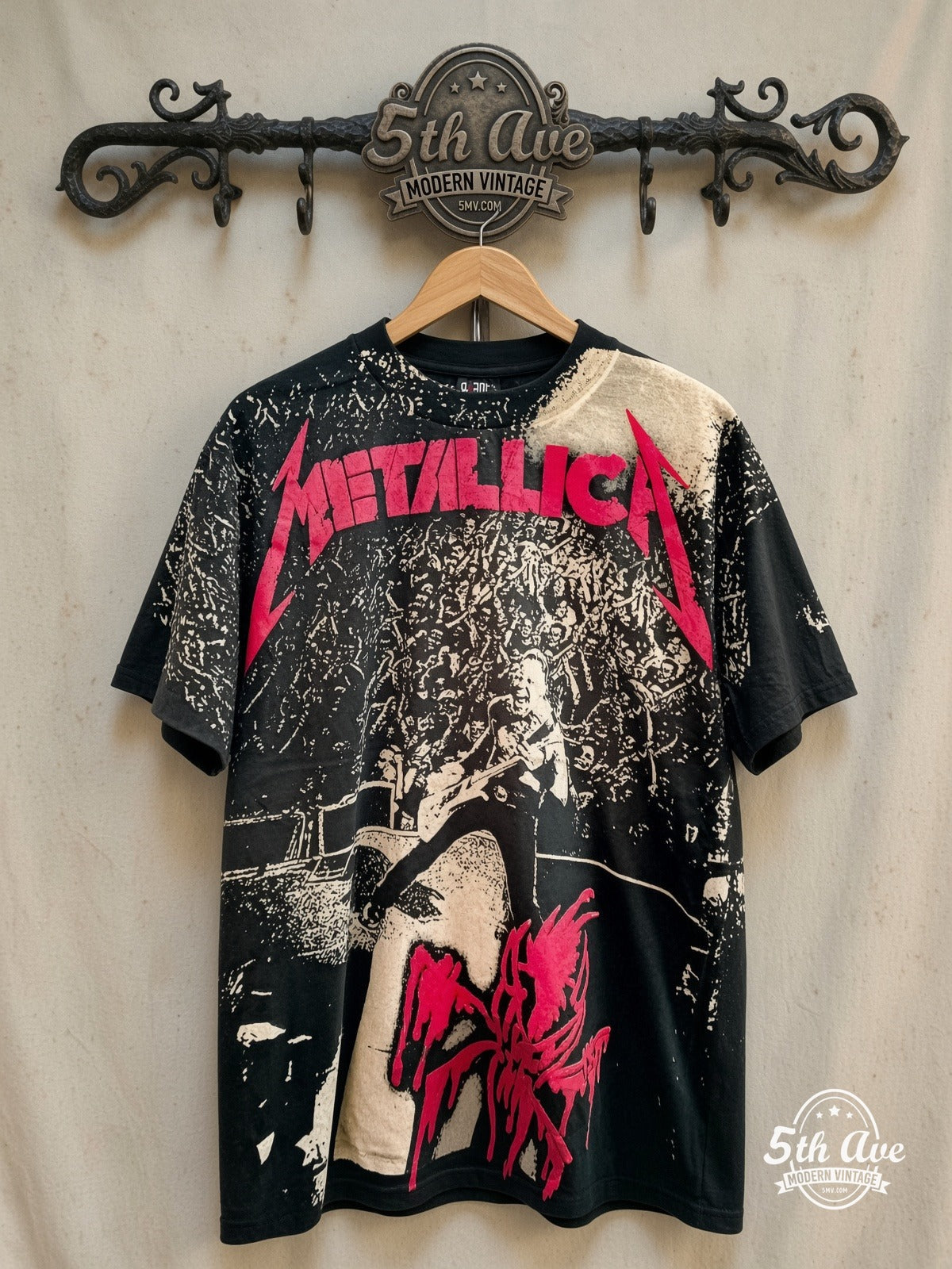 Metallica – Stage Right – All Over Print – Vintage Band T-Shirt — front on locked cream ornate 5th Ave rack