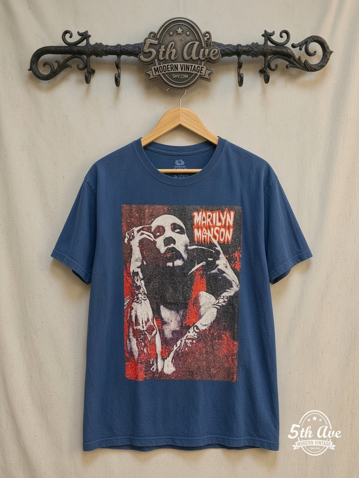 Marilyn Manson – Halftone Red Portrait Hands Raised – Vintage Band T-Shirt — front on locked cream ornate 5th Ave rack