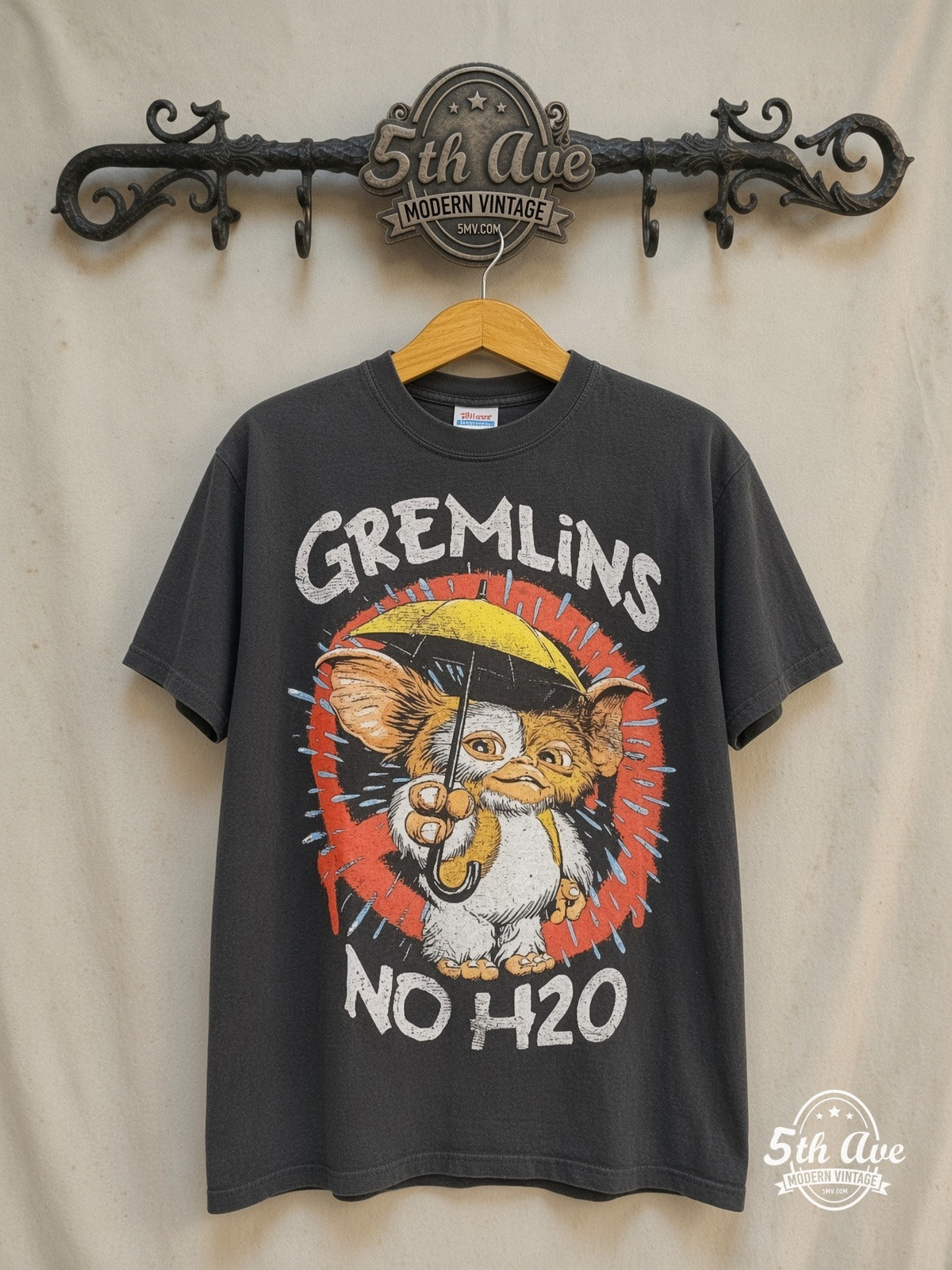 Gremlin – No H2O – Vintage Movie Tee — front on locked cream ornate 5th Ave rack
