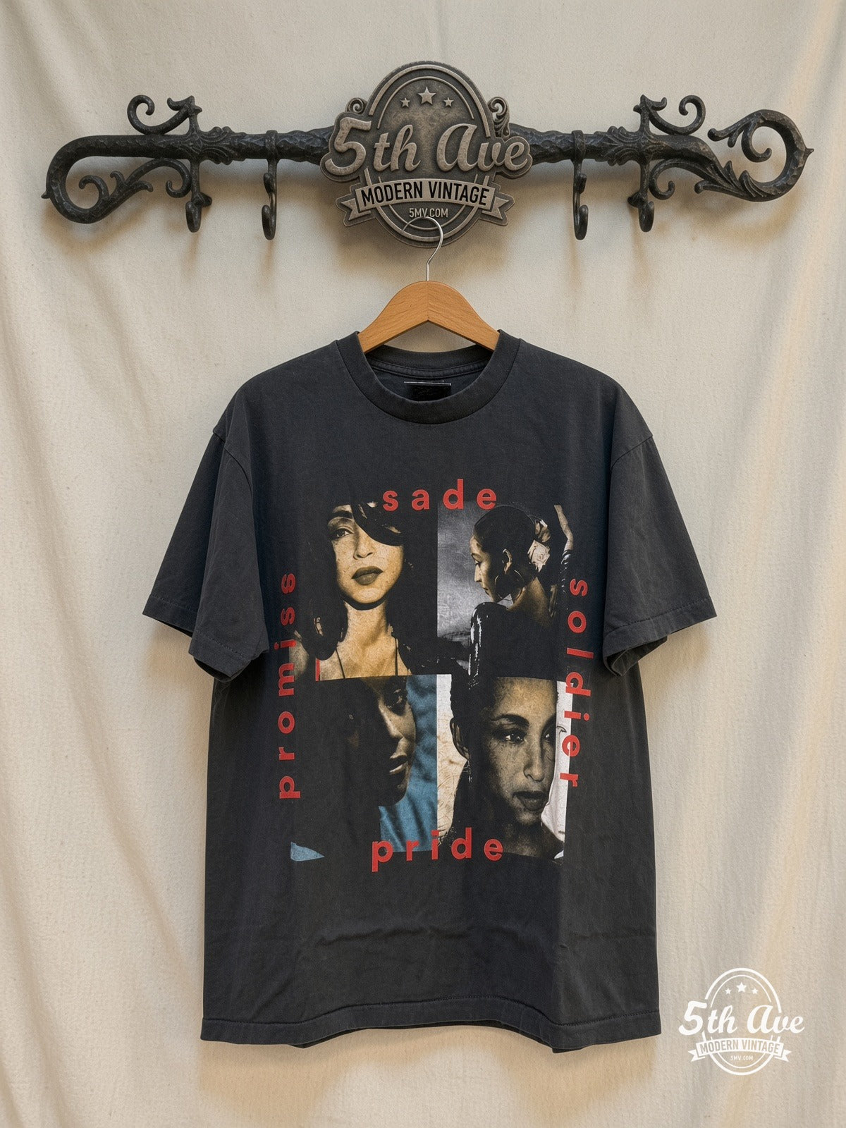 Sade – Promise – Vintage Band T-Shirt — front on locked cream ornate 5th Ave rack