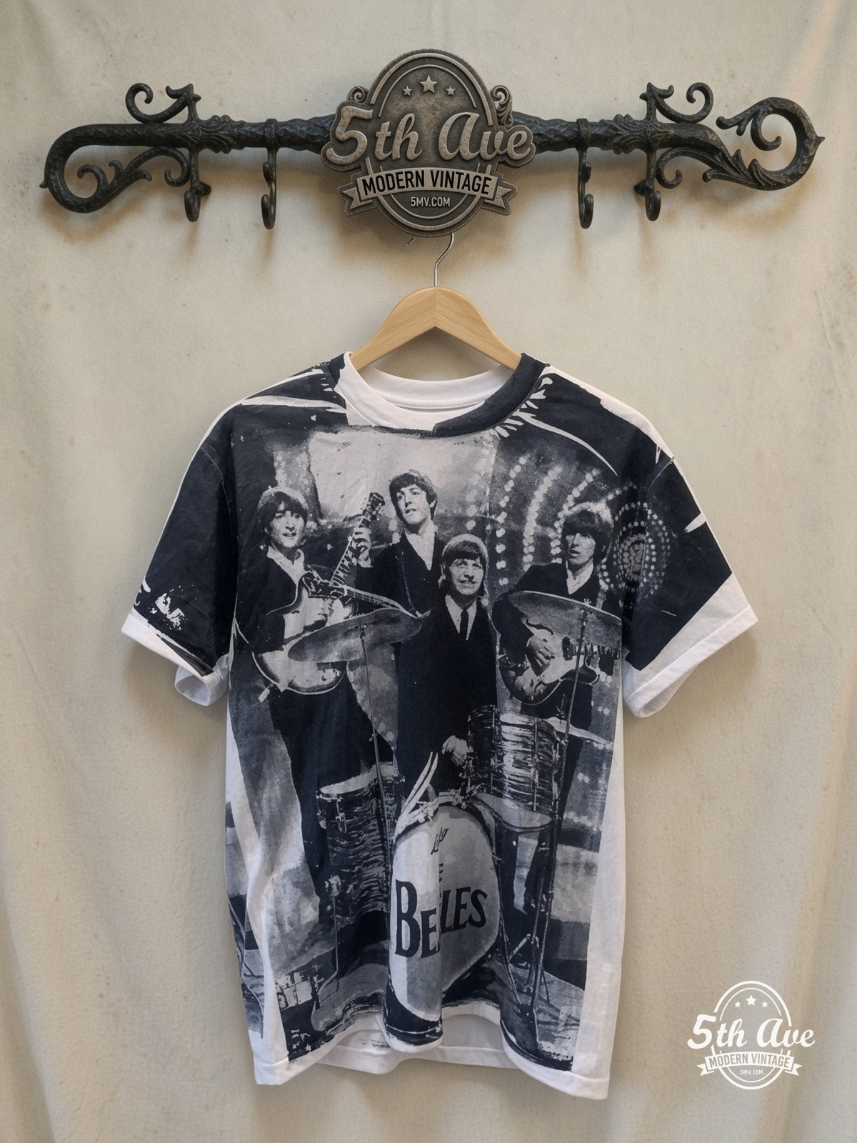 The Beatles – Early Era Live Stage Photo – Vintage Band T-Shirt front on locked cream ornate 5th Ave rack