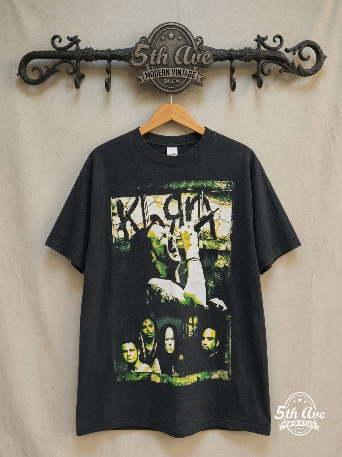 Korn – Vintage Band T-Shirt — front on locked cream ornate 5th Ave rack
