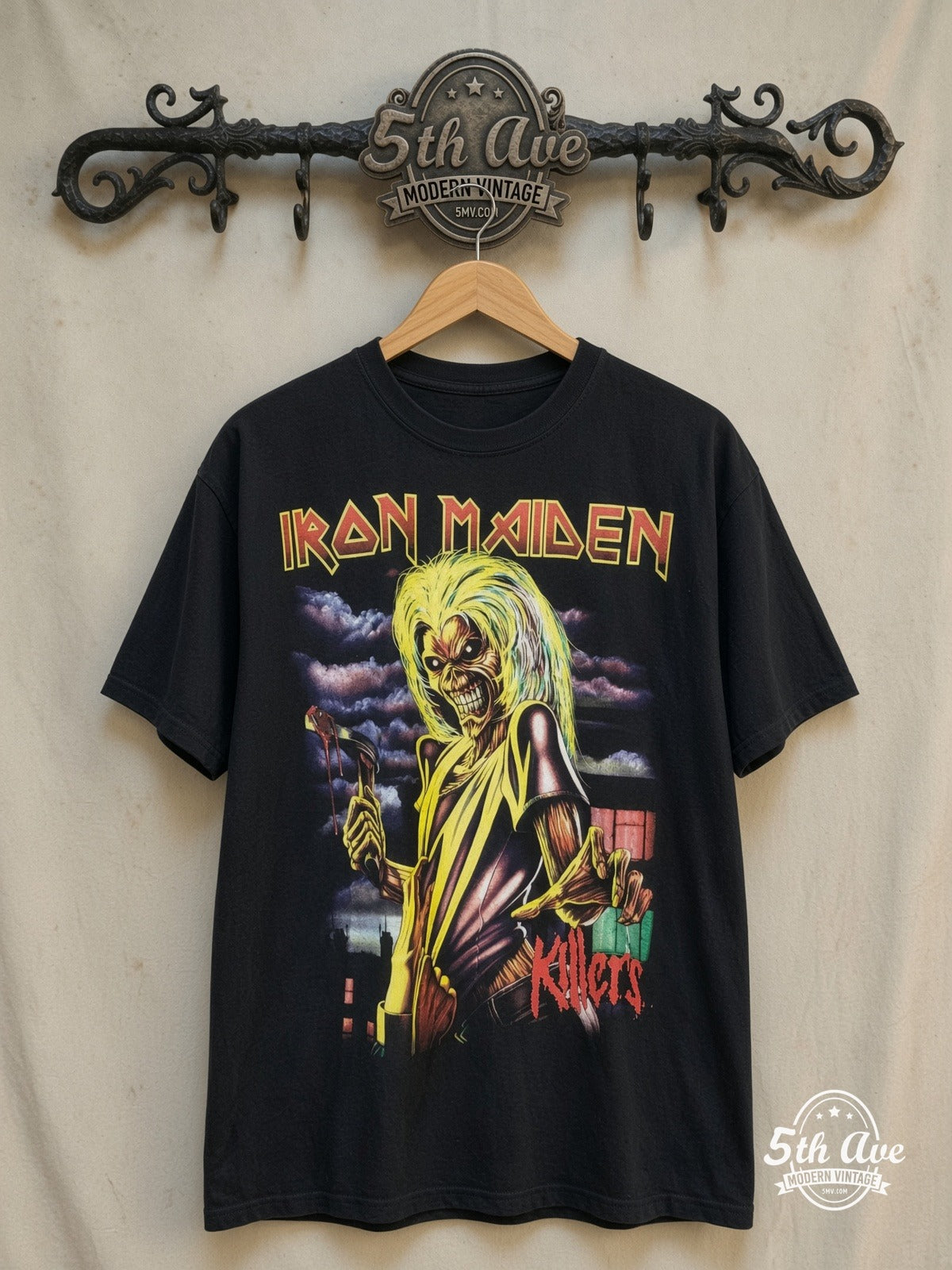 Iron Maiden – Killers Album Art City Skyline – Vintage Band T-Shirt — front on locked cream ornate 5th Ave rack