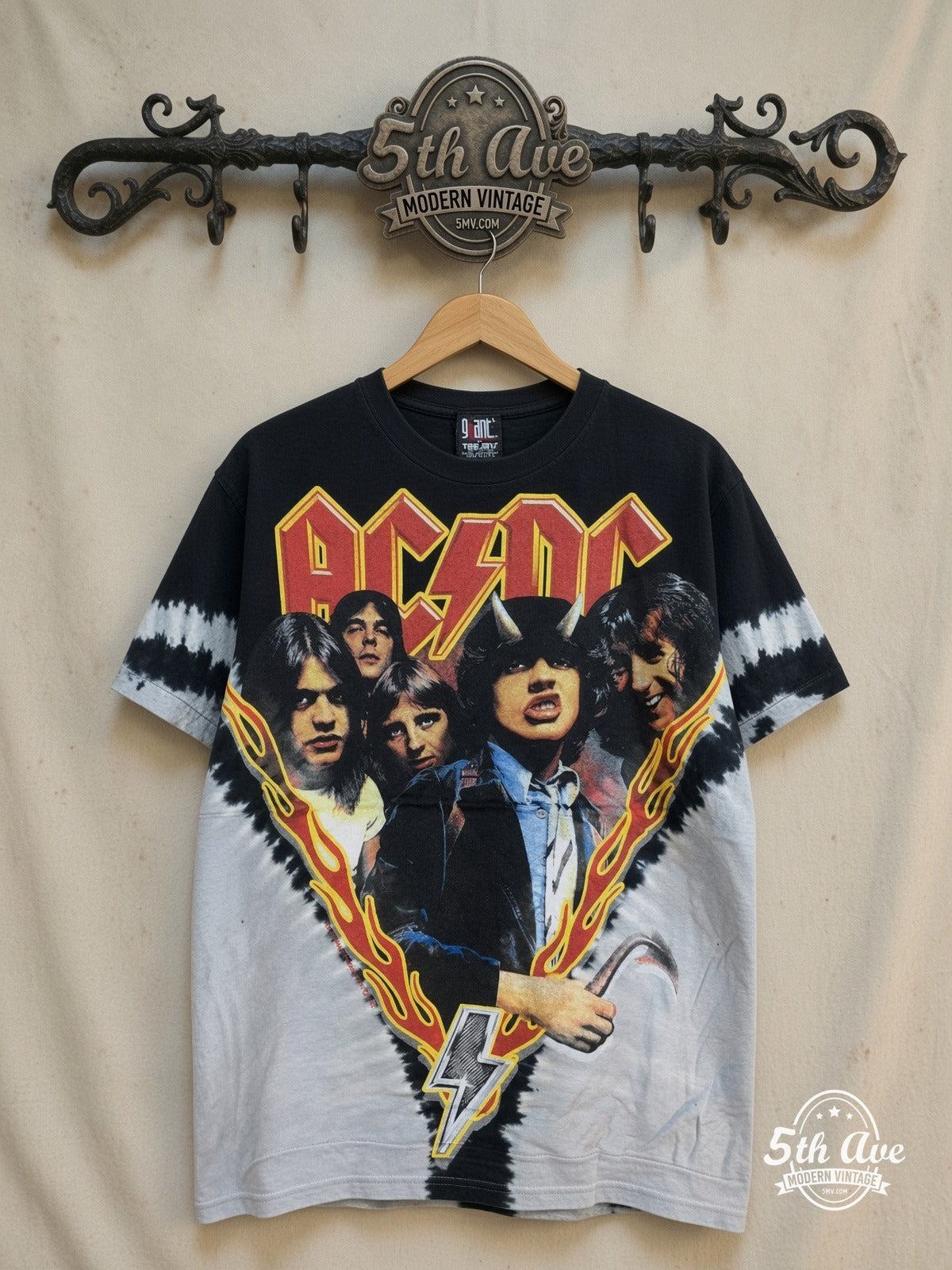 AC/DC – Highway to Hell Flame V Black Grey Tie-Dye – Vintage Band T-Shirt — front on locked cream ornate 5th Ave rack