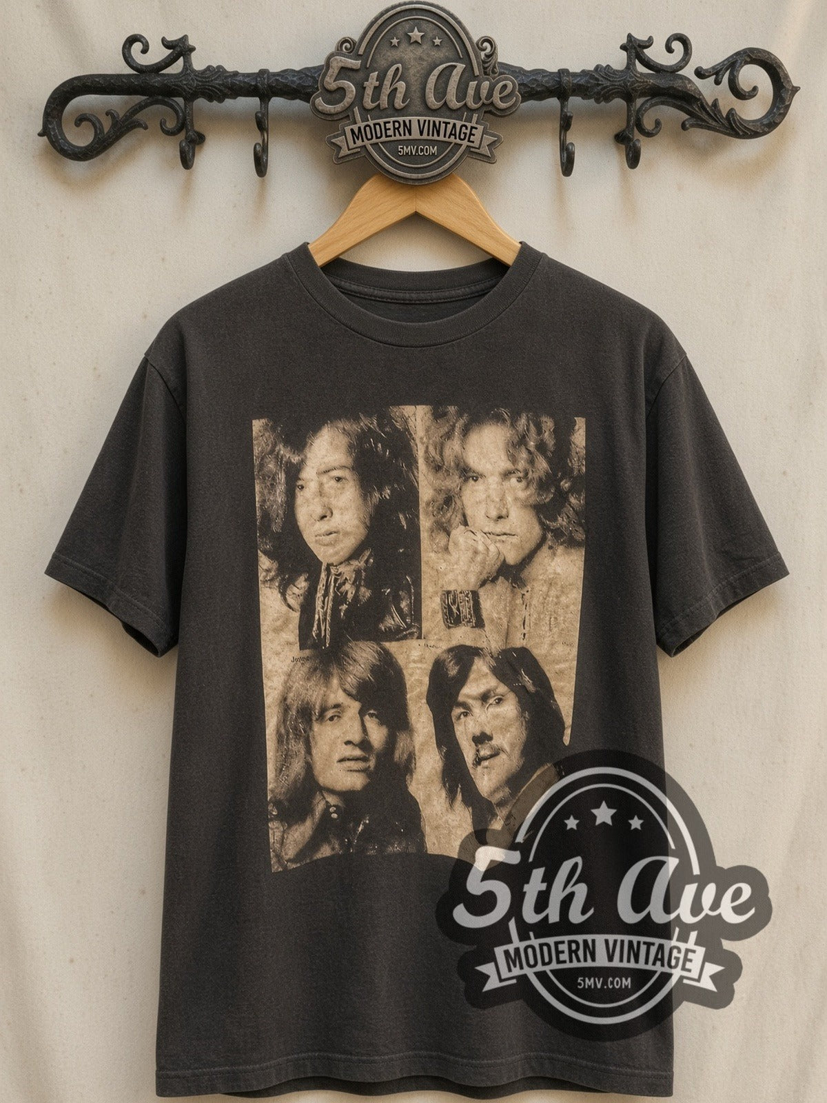 Led Zeppelin – Four Members Portrait vintage band t-shirt, front view on a display rack
