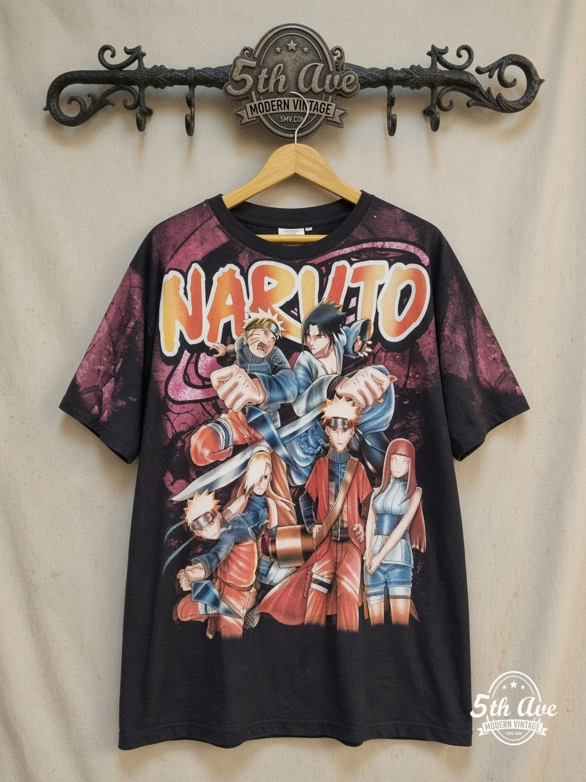 Naruto Shippuden – All-Over Print Graphic – New Vintage Anime Tee — front on locked cream ornate 5th Ave rack