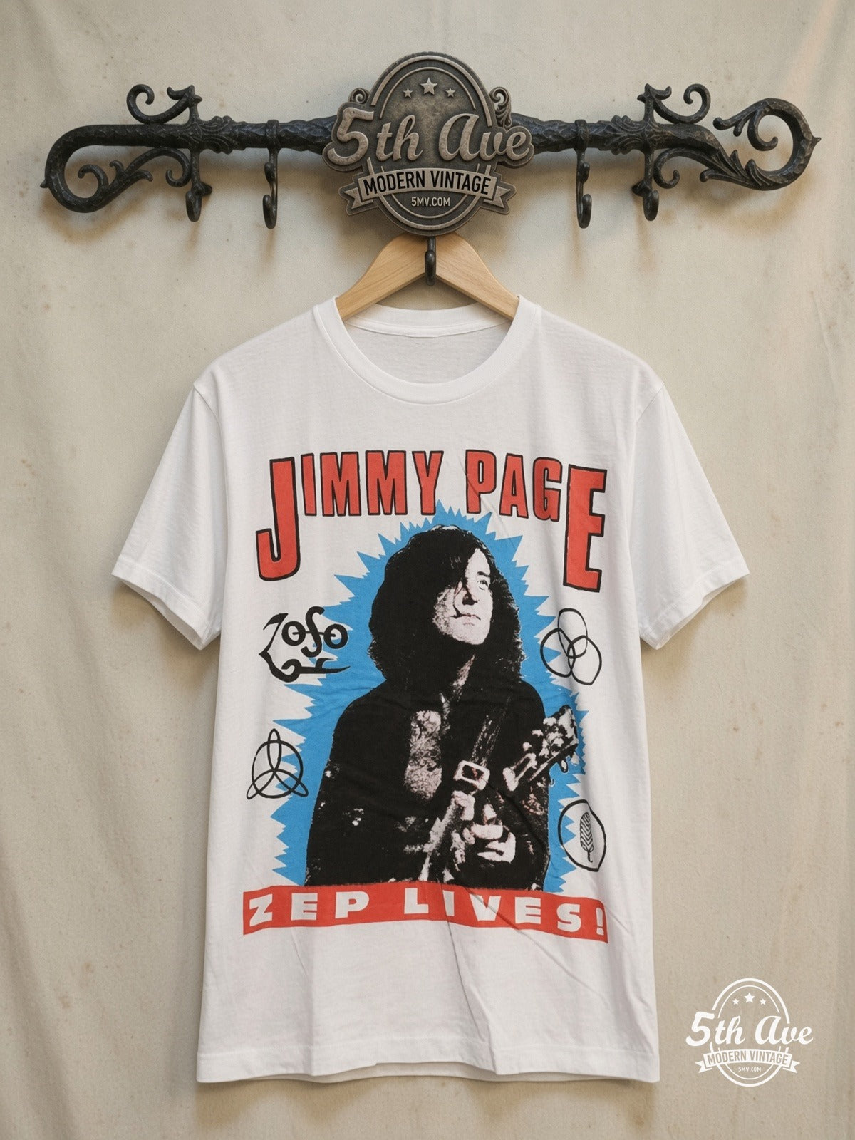 Jimmy Page – Portrait – Vintage Band T-Shirt — front on locked cream ornate 5th Ave rack