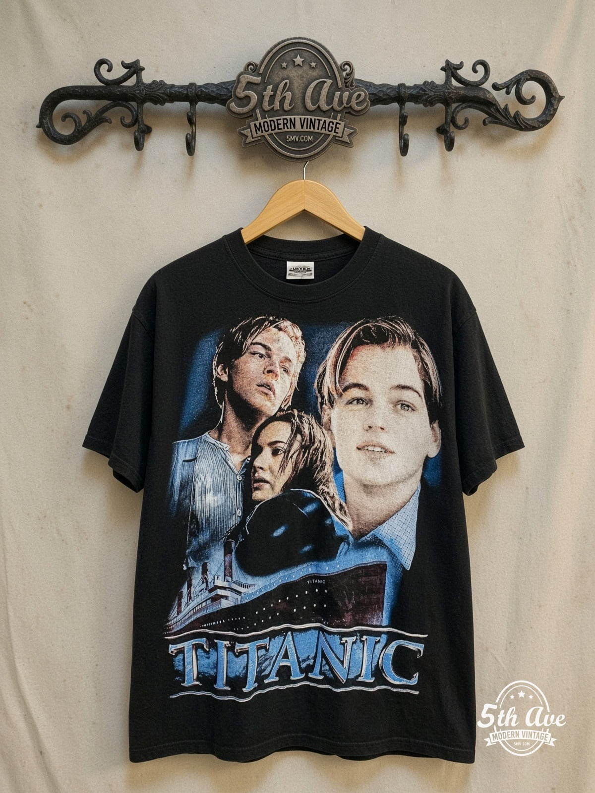Titanic all-over-print movie tee, front view on a display rack