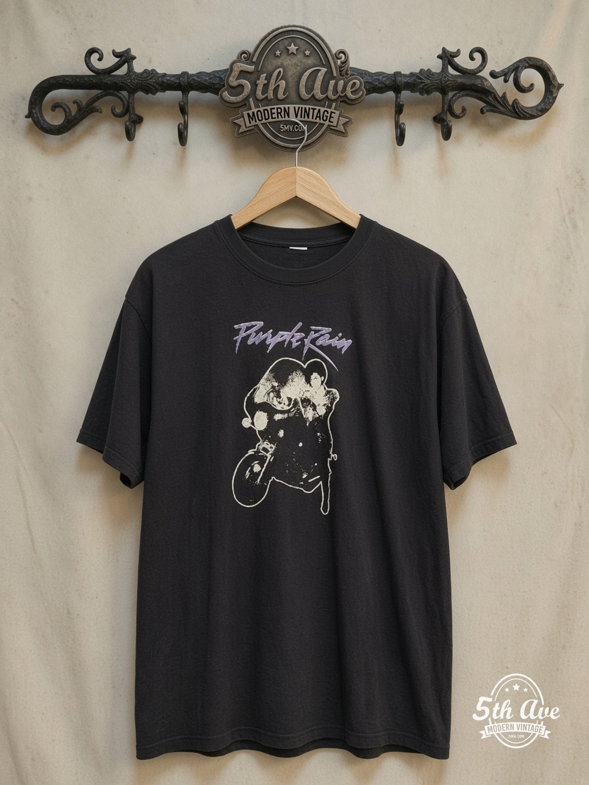 Prince – Purple Rain – Vintage Band T-Shirt — front on locked cream ornate 5th Ave rack