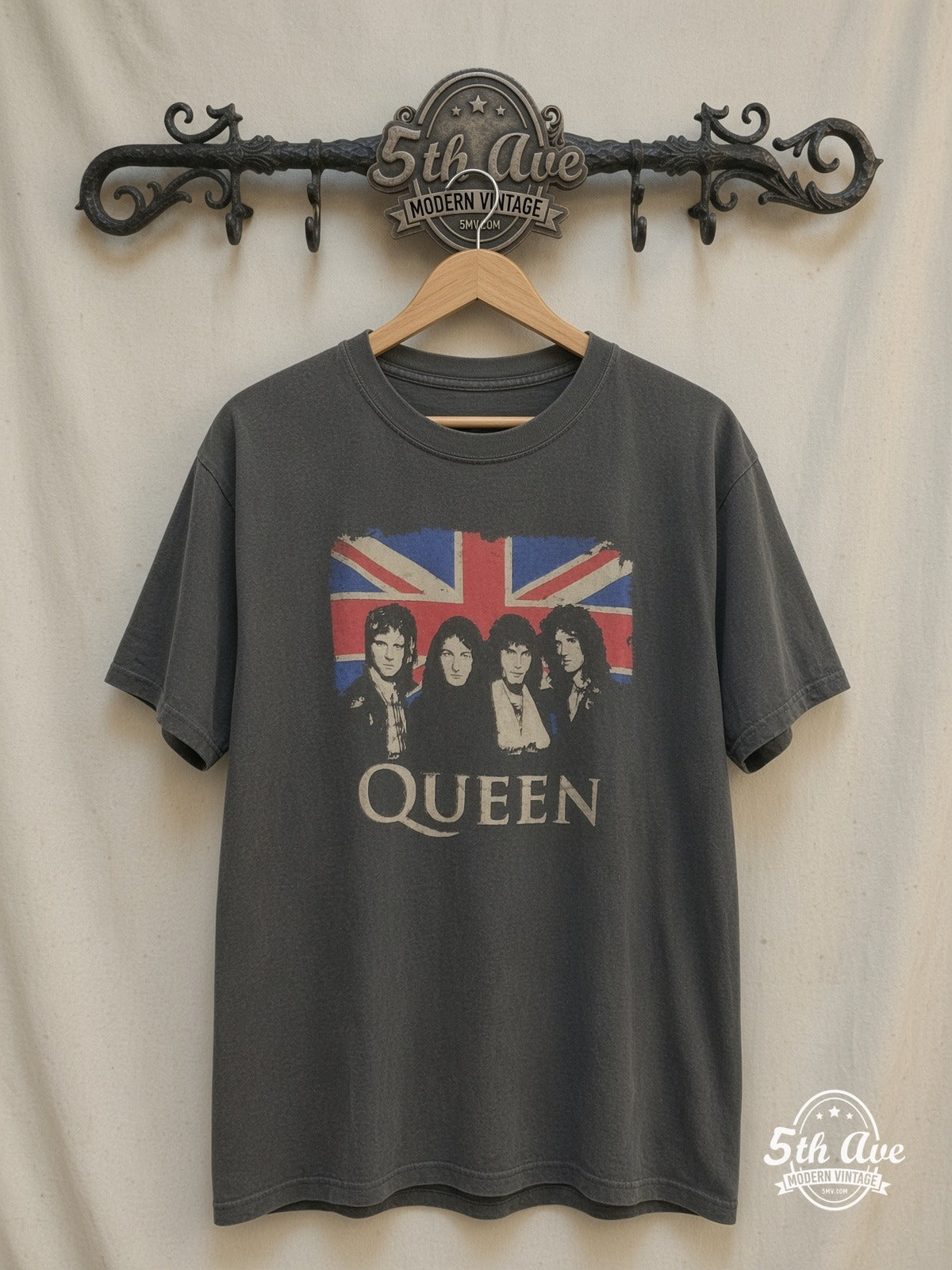 Queen – Union Jack Band Portraits – Vintage Band T-Shirt — front on locked cream ornate 5th Ave rack